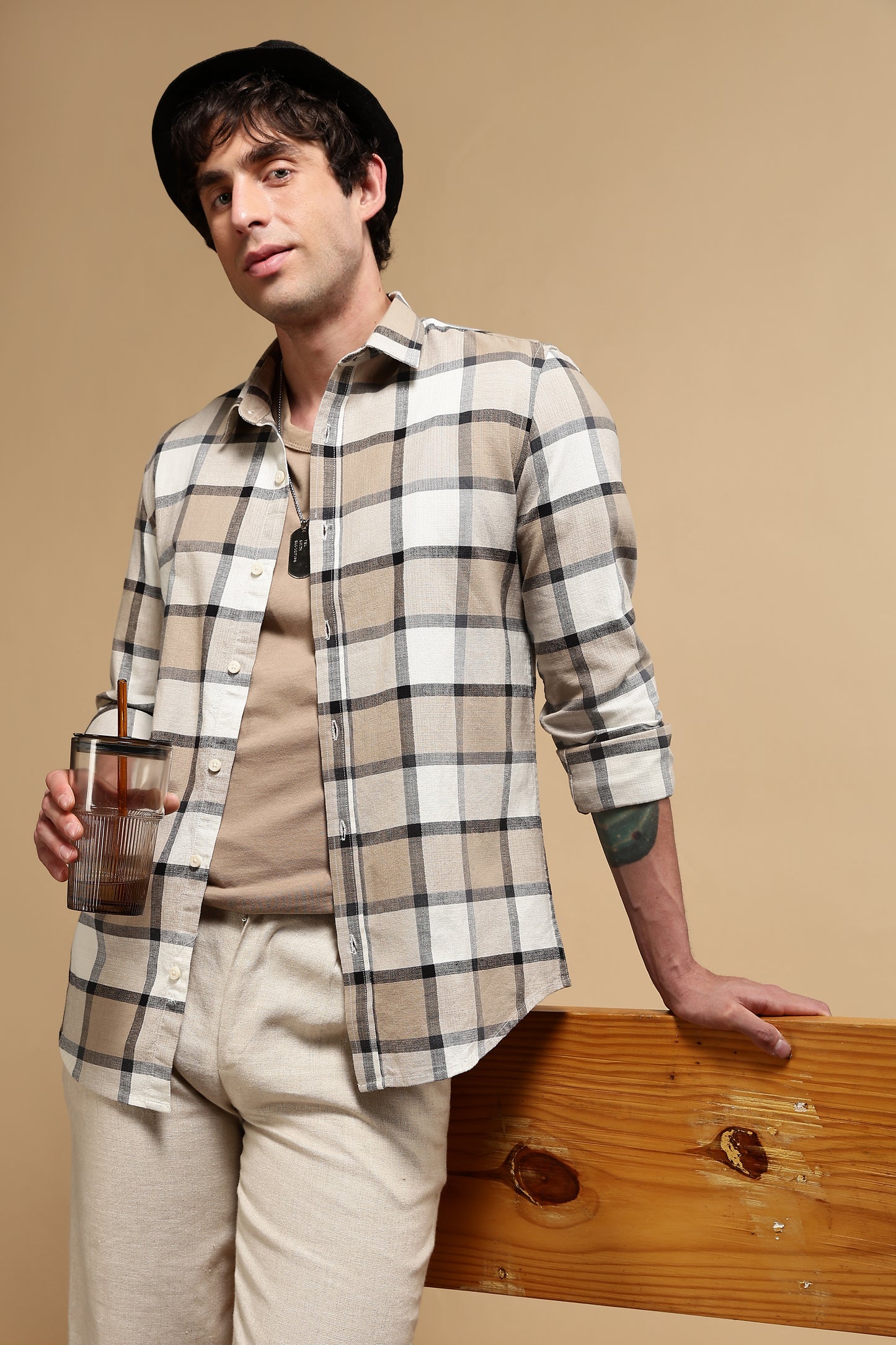 Slim Fit Cotton Check Shirt Cream