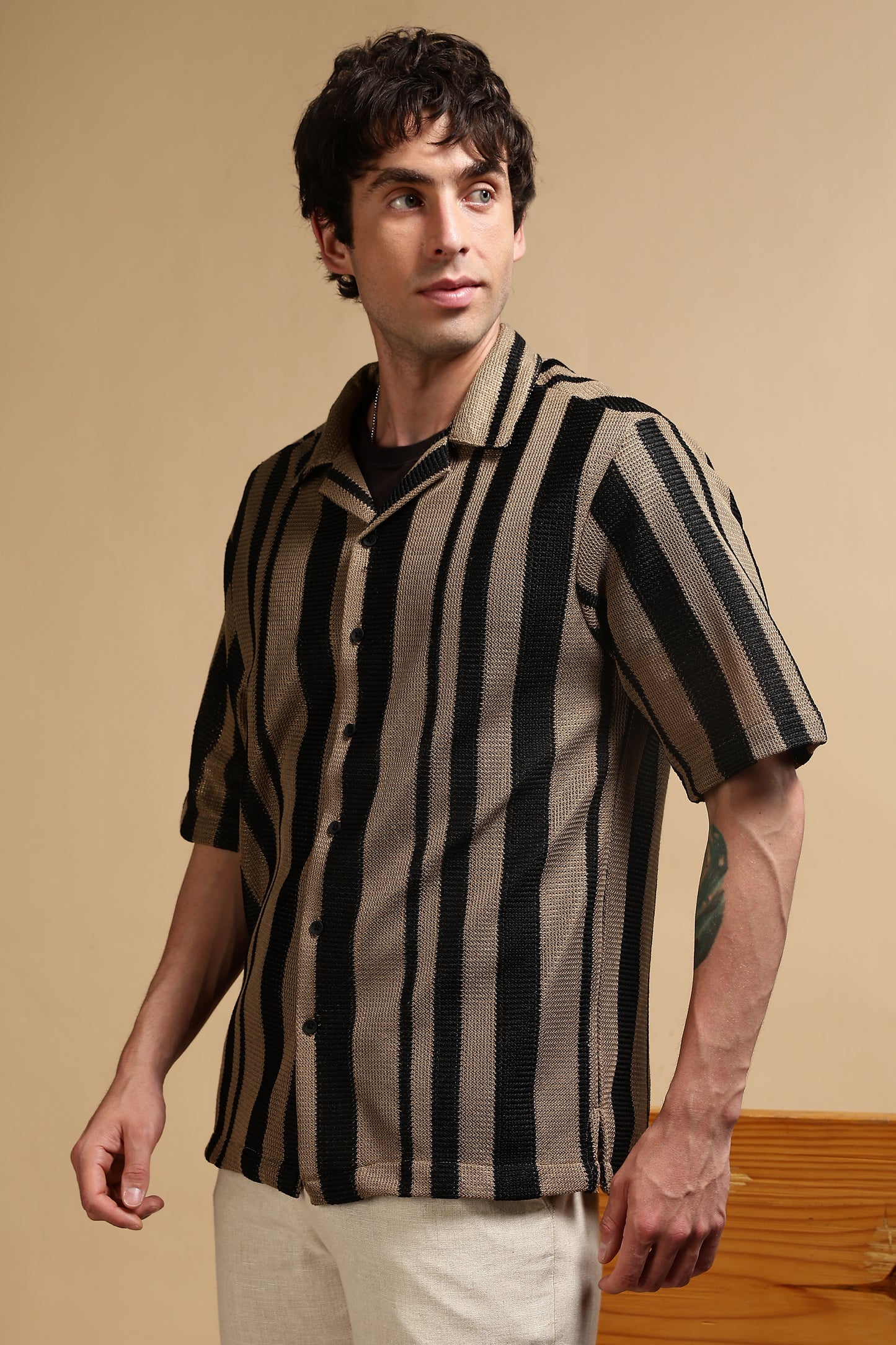 Relaxed Fit Striped Shirt Khaki