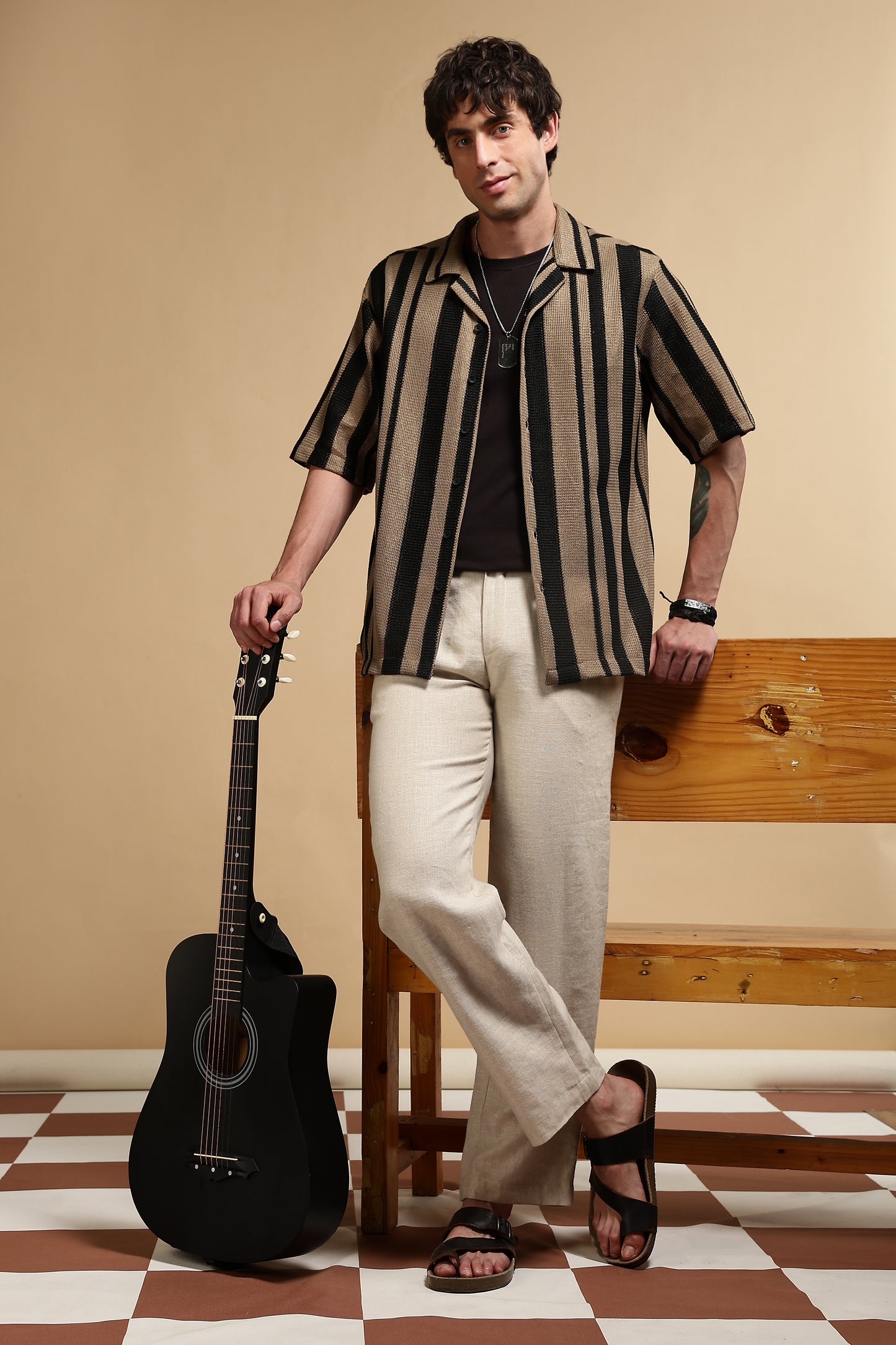 Relaxed Fit Striped Shirt Khaki