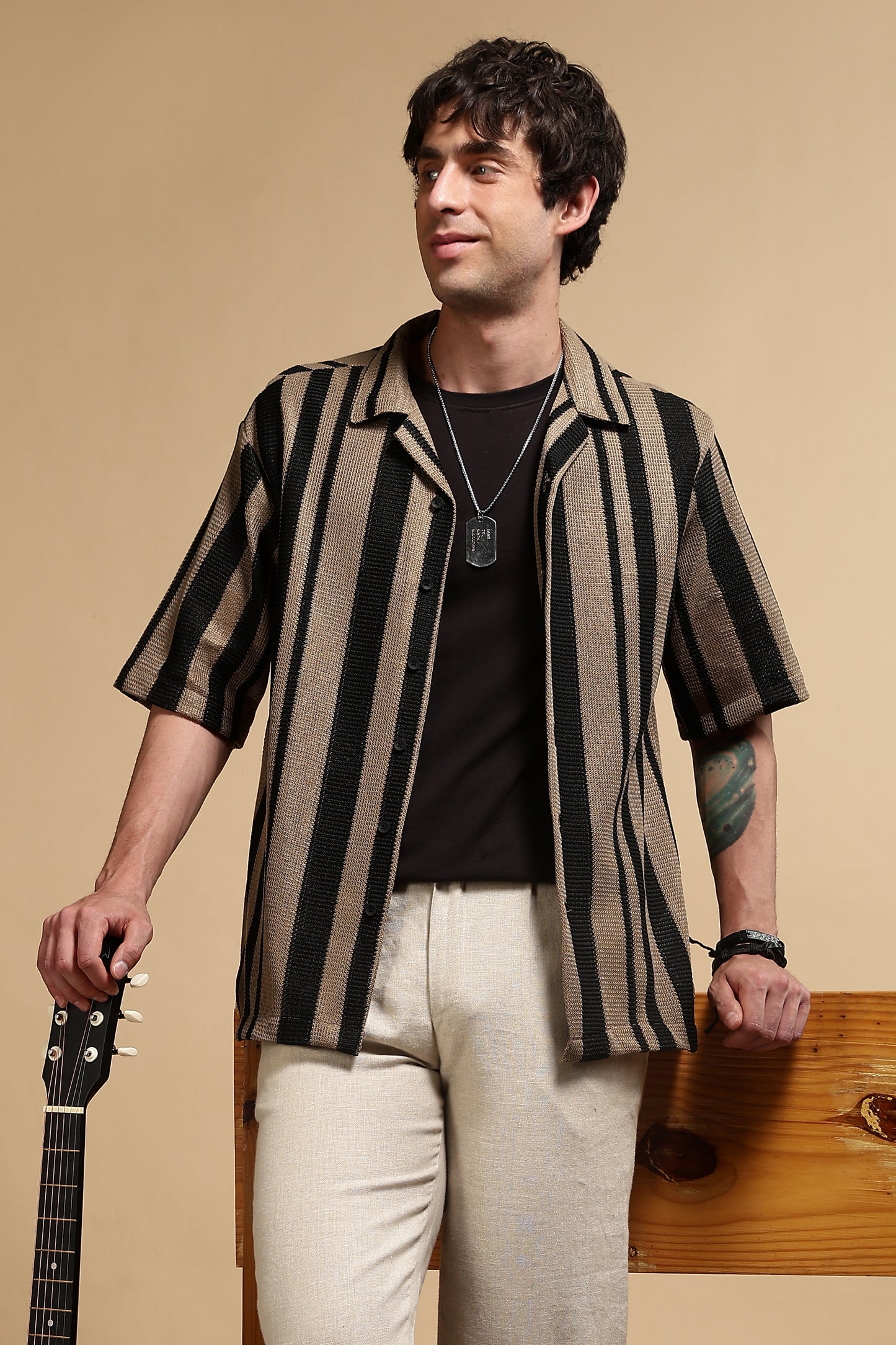 Relaxed Fit Striped Shirt Khaki