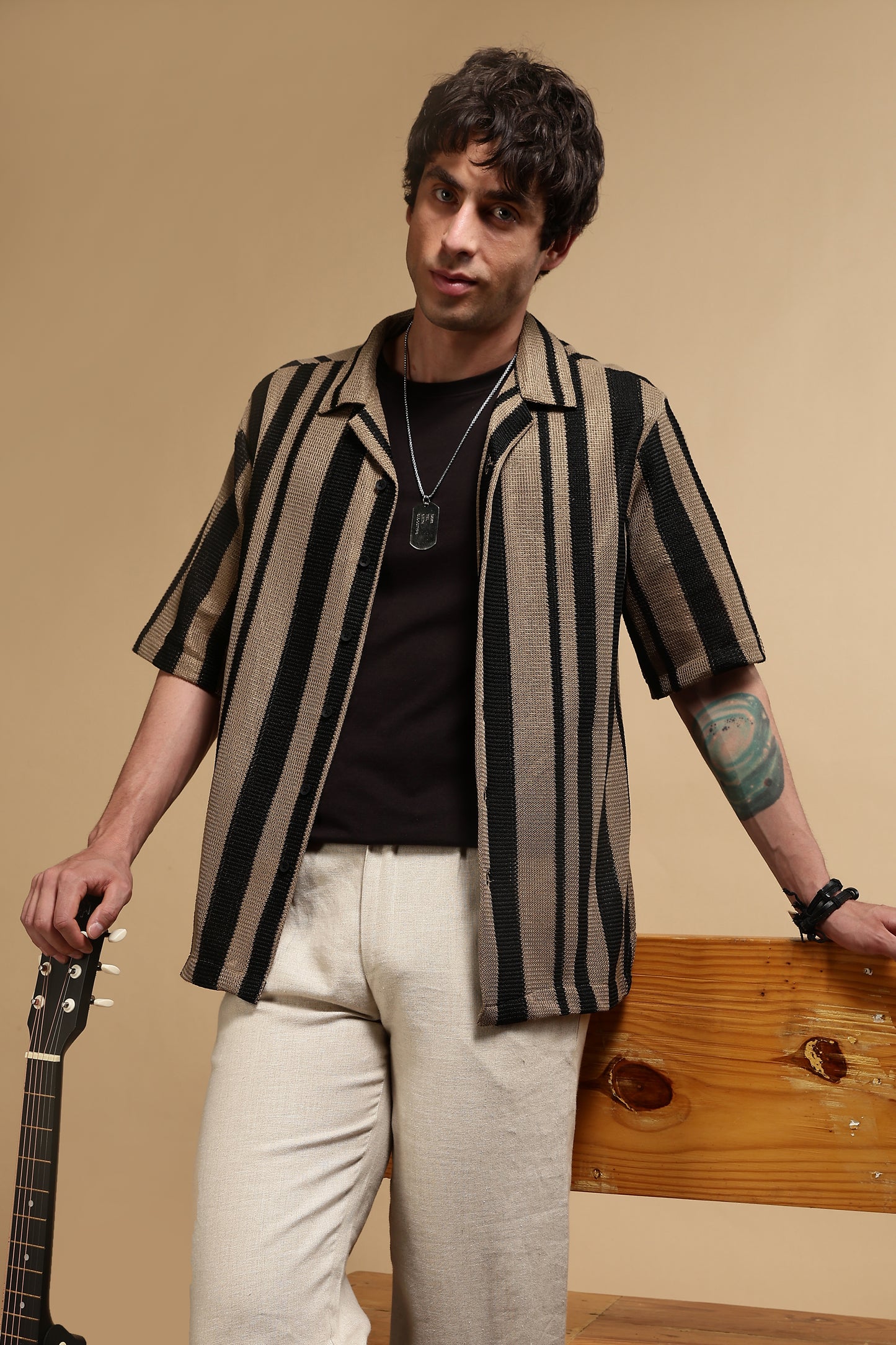 Relaxed Fit Striped Shirt Khaki