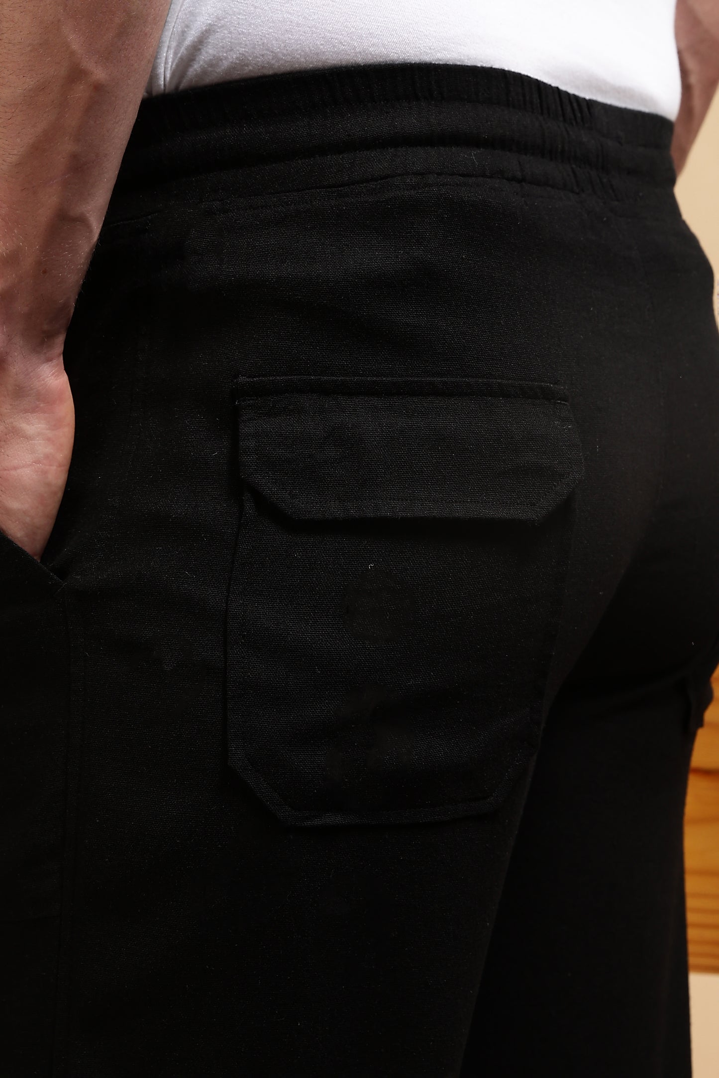 Linen Blend Loose Fit Drawcord Trousers Black