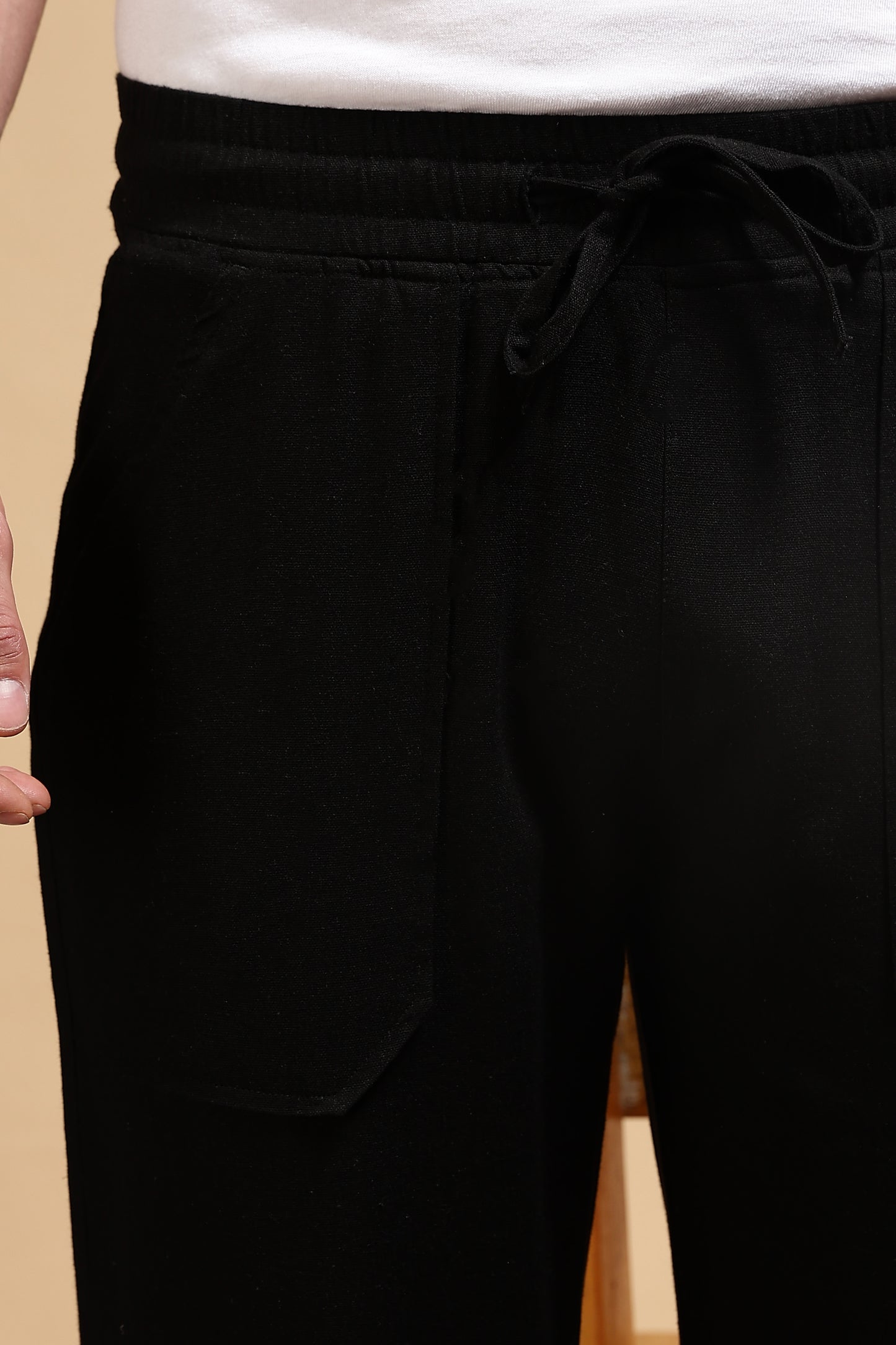 Linen Blend Loose Fit Drawcord Trousers Black