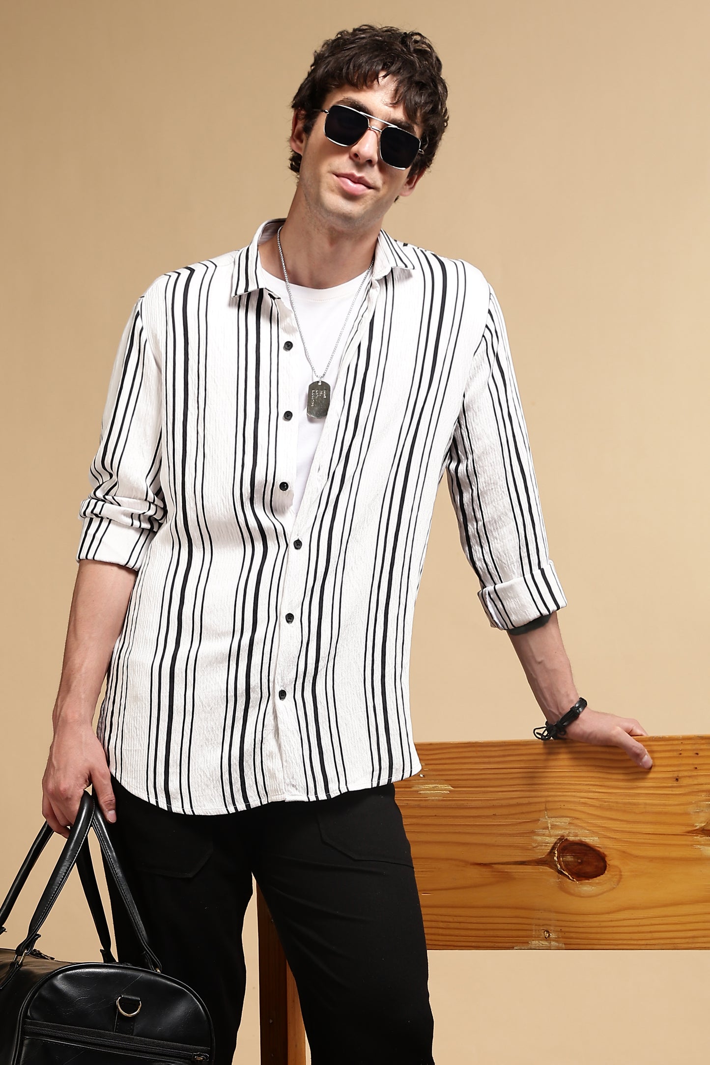 White & Black Slim Fit Striped Shirt White