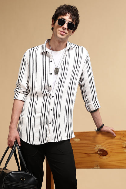 White & Black Slim Fit Striped Shirt