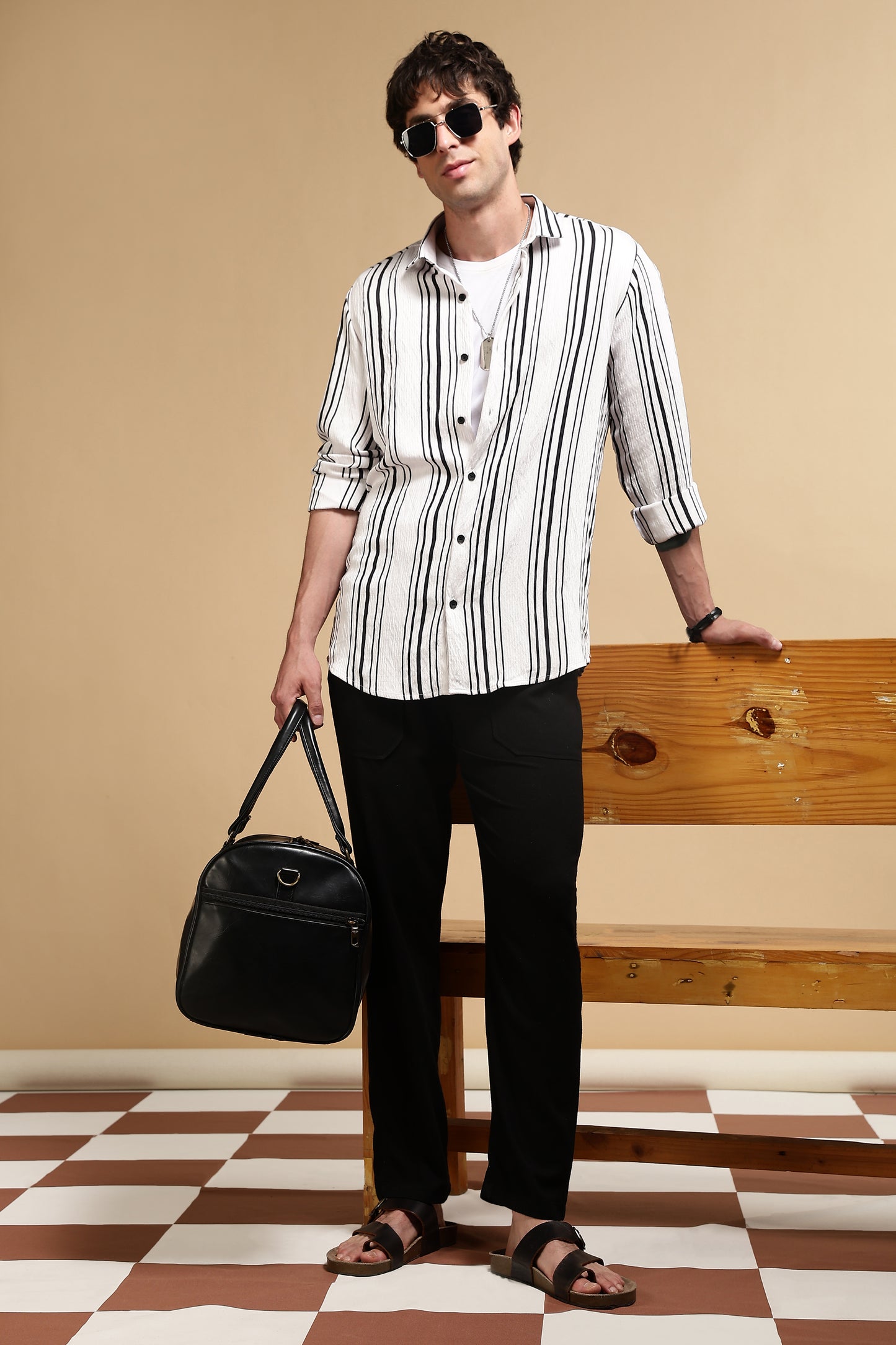 White & Black Slim Fit Striped Shirt White