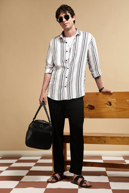 White & Black Slim Fit Striped Shirt