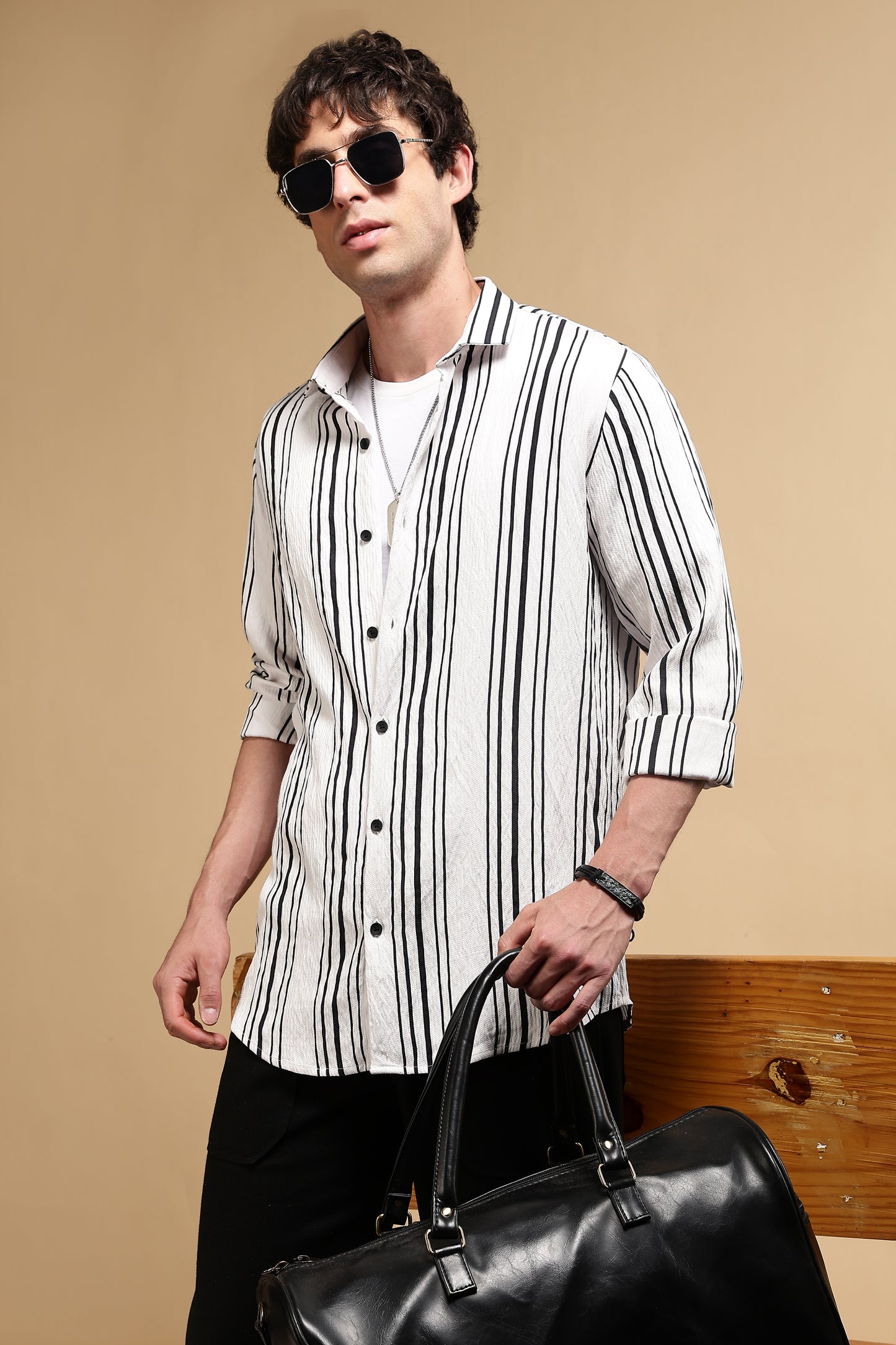 White & Black Slim Fit Striped Shirt White