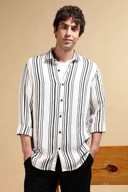 White & Black Slim Fit Striped Shirt