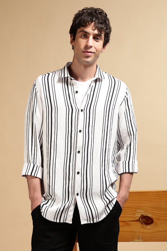 White & Black Slim Fit Striped Shirt White
