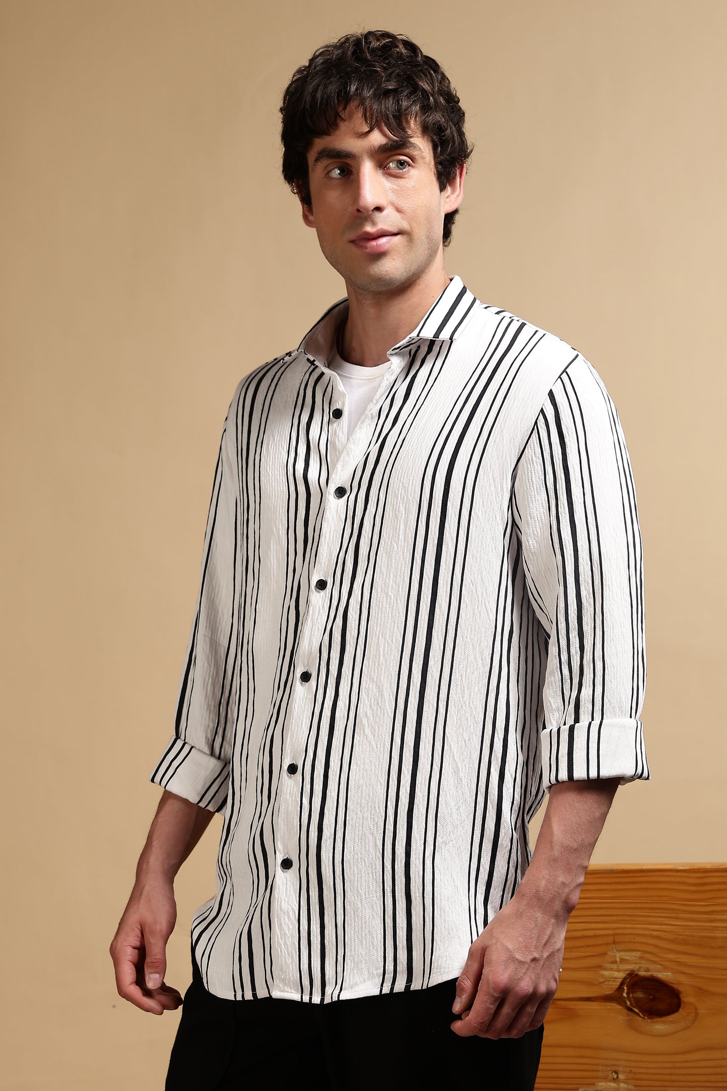 White & Black Slim Fit Striped Shirt White