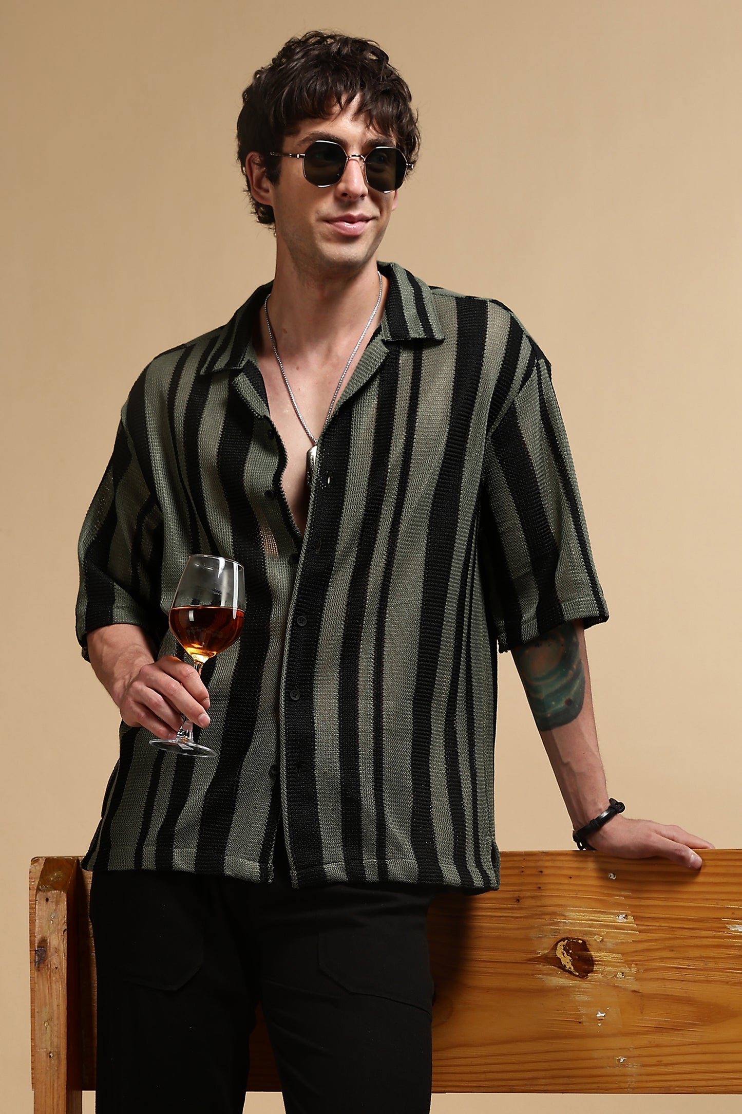 Relaxed Fit Striped Shirt Green