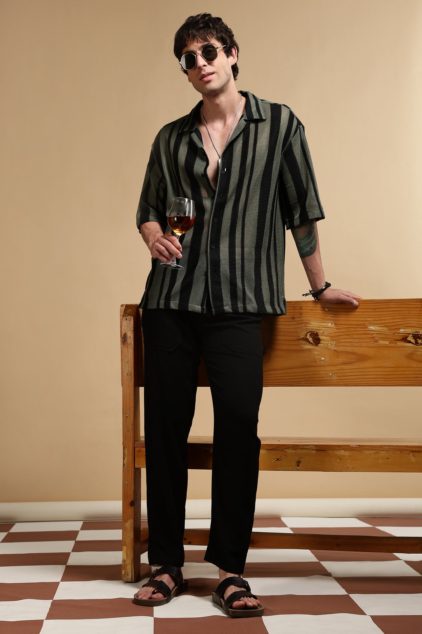 Relaxed Fit Striped Shirt Green