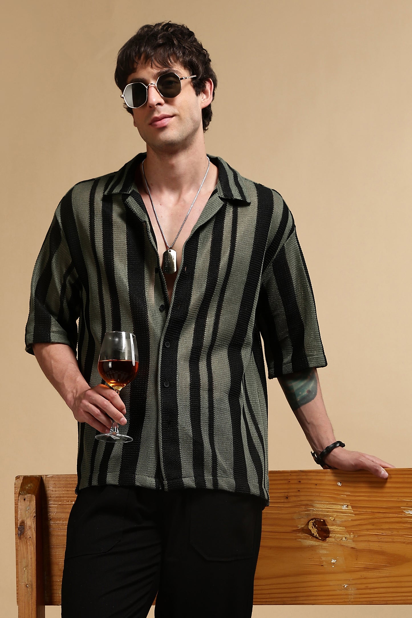 Relaxed Fit Striped Shirt Green