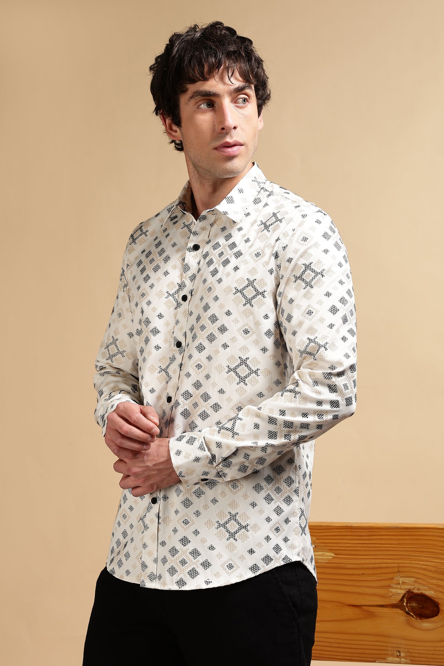 Cotton Slim Fit Self-Designed Shirt Black