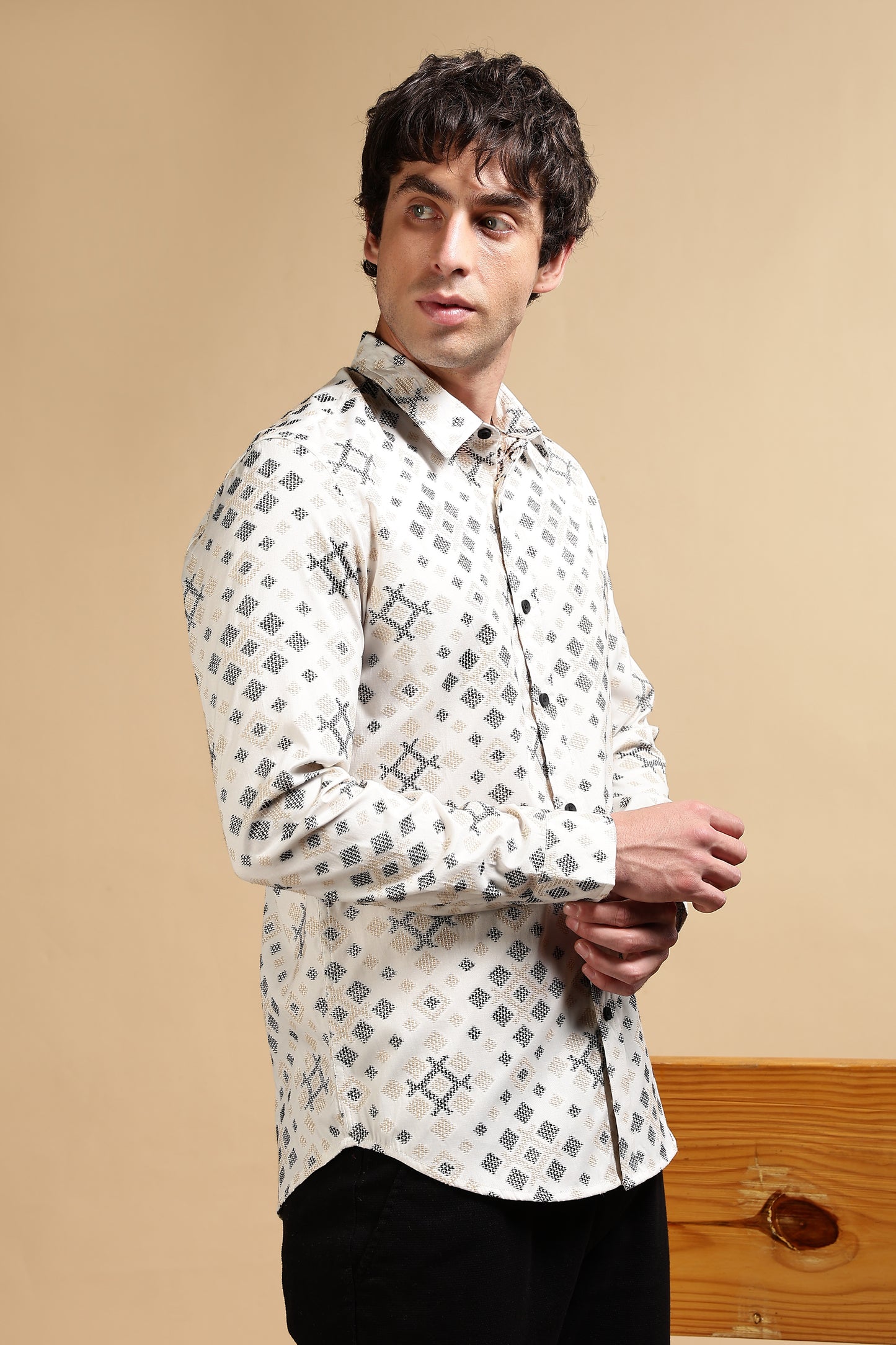 Cotton Slim Fit Self-Designed Shirt Black