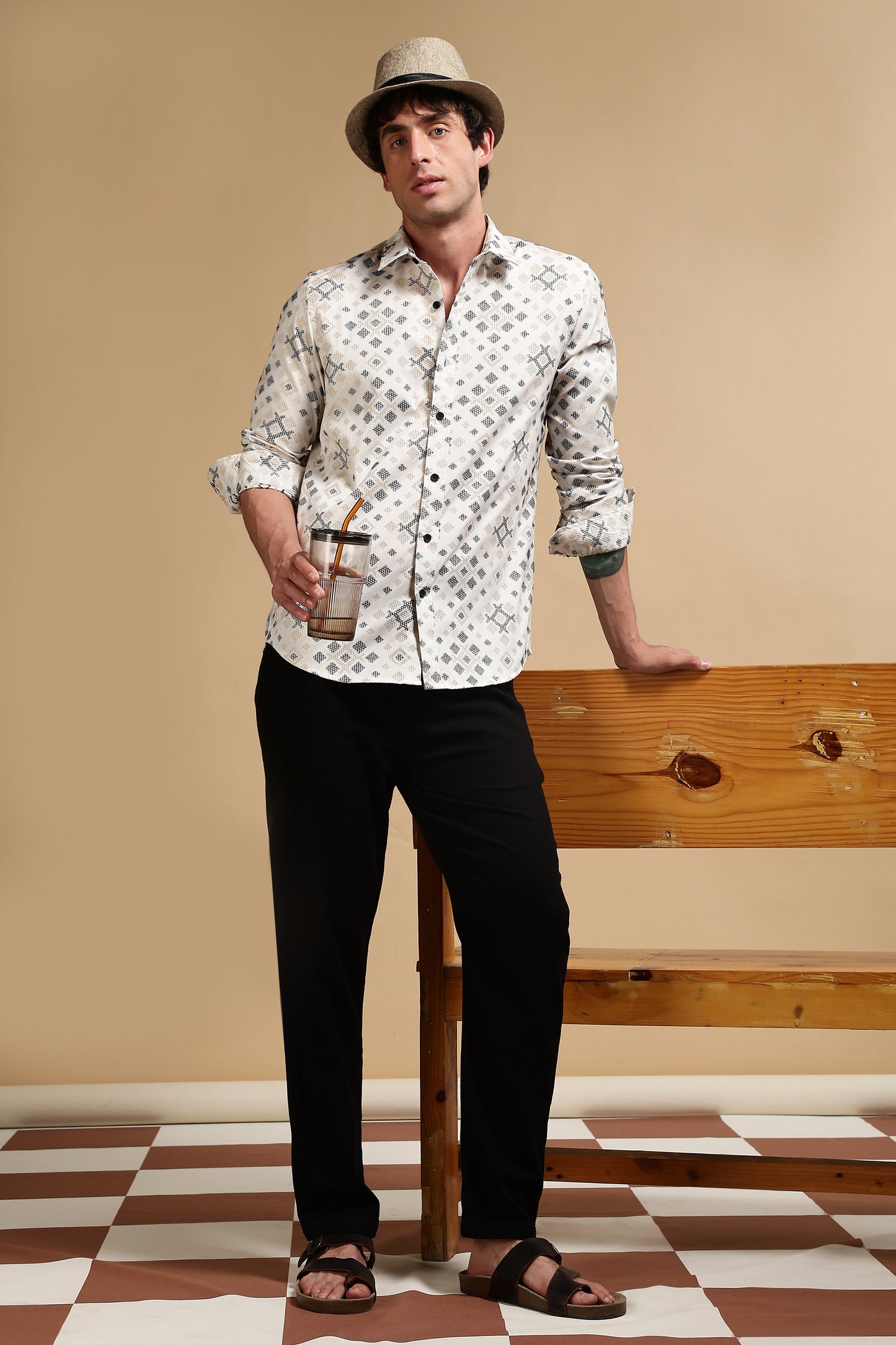 Cotton Slim Fit Self-Designed Shirt Black