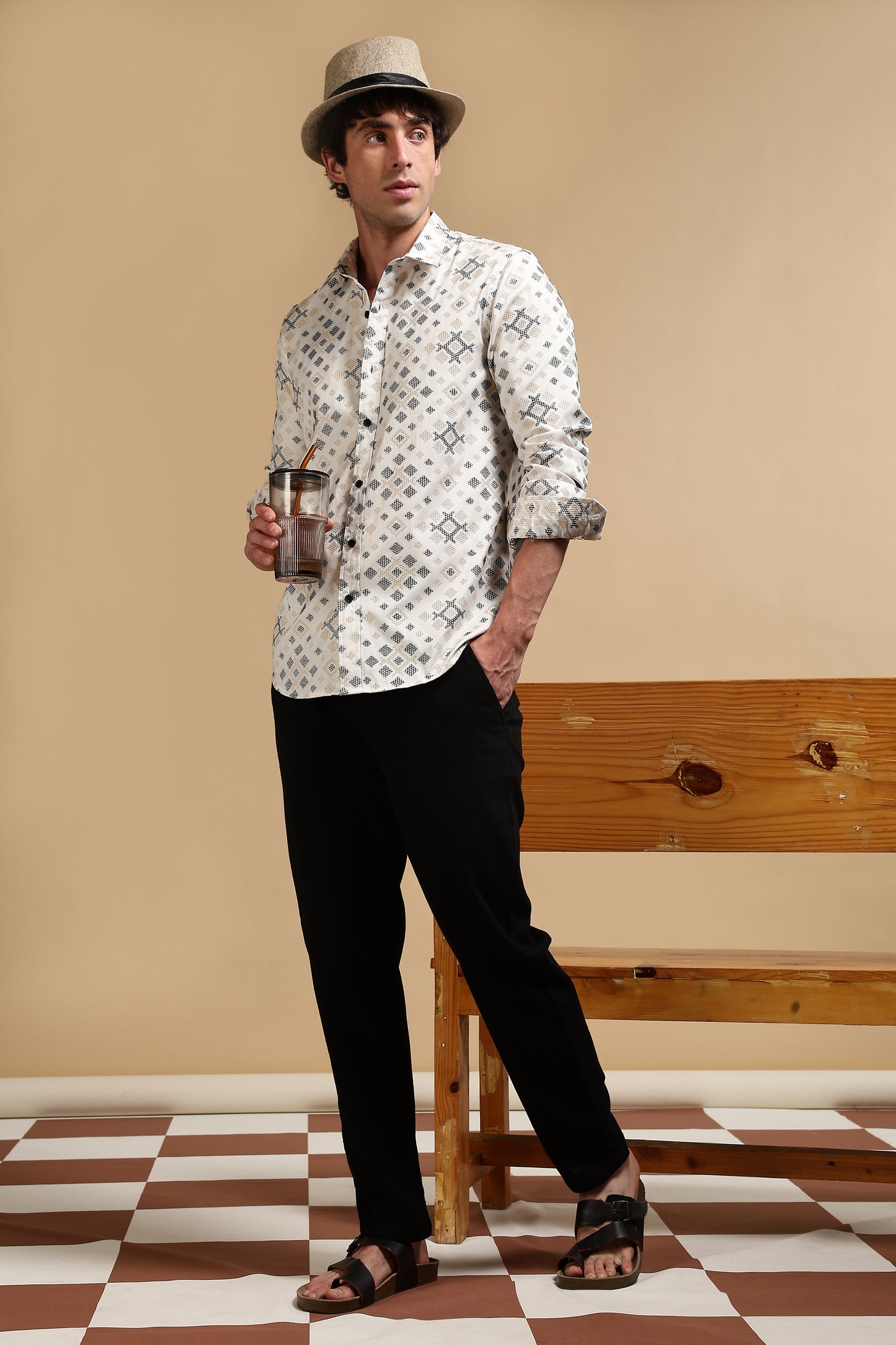 Cotton Slim Fit Self-Designed Shirt Black
