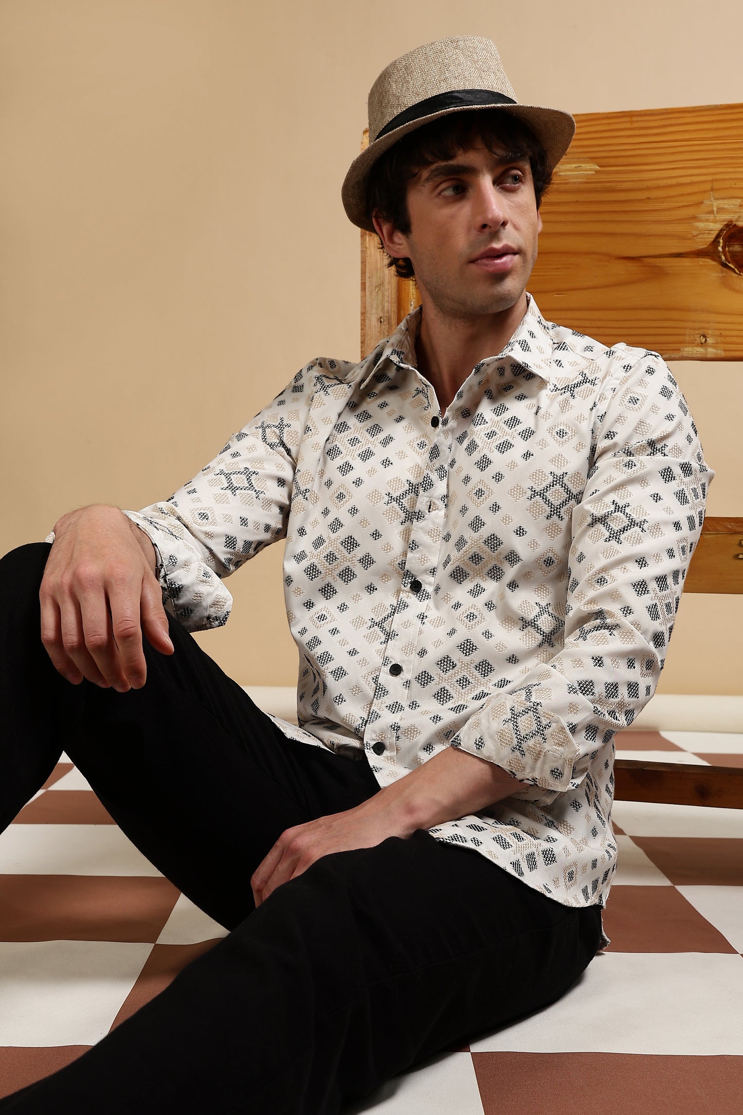 Cotton Slim Fit Self-Designed Shirt Black