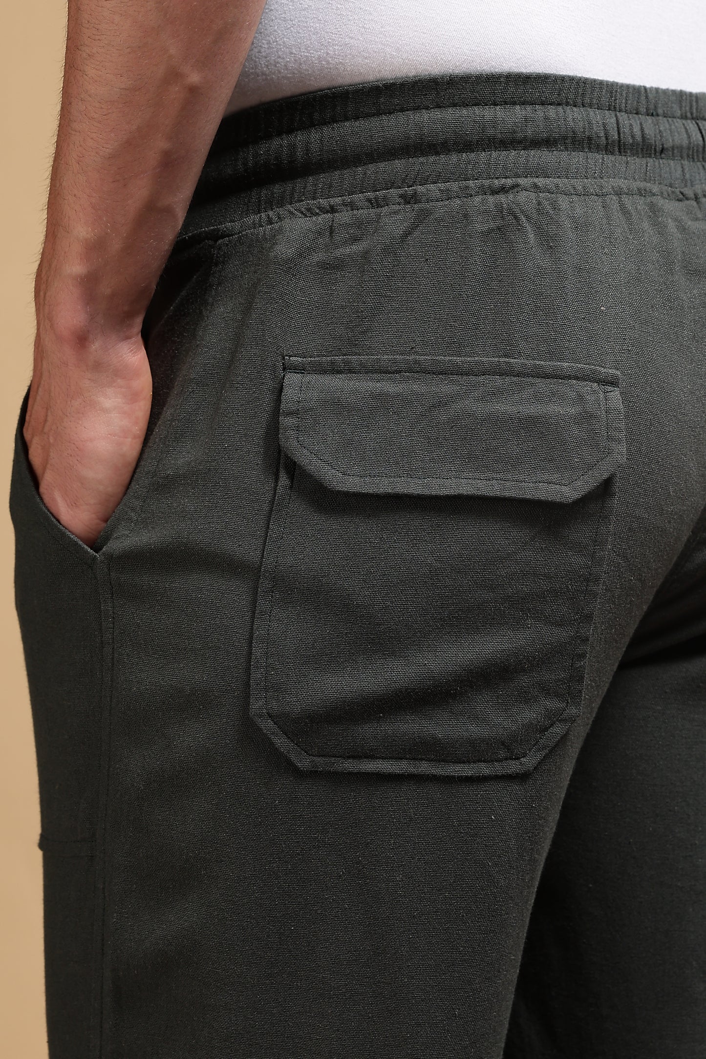 Linen Blend Loose Fit Drawcord Trousers Green