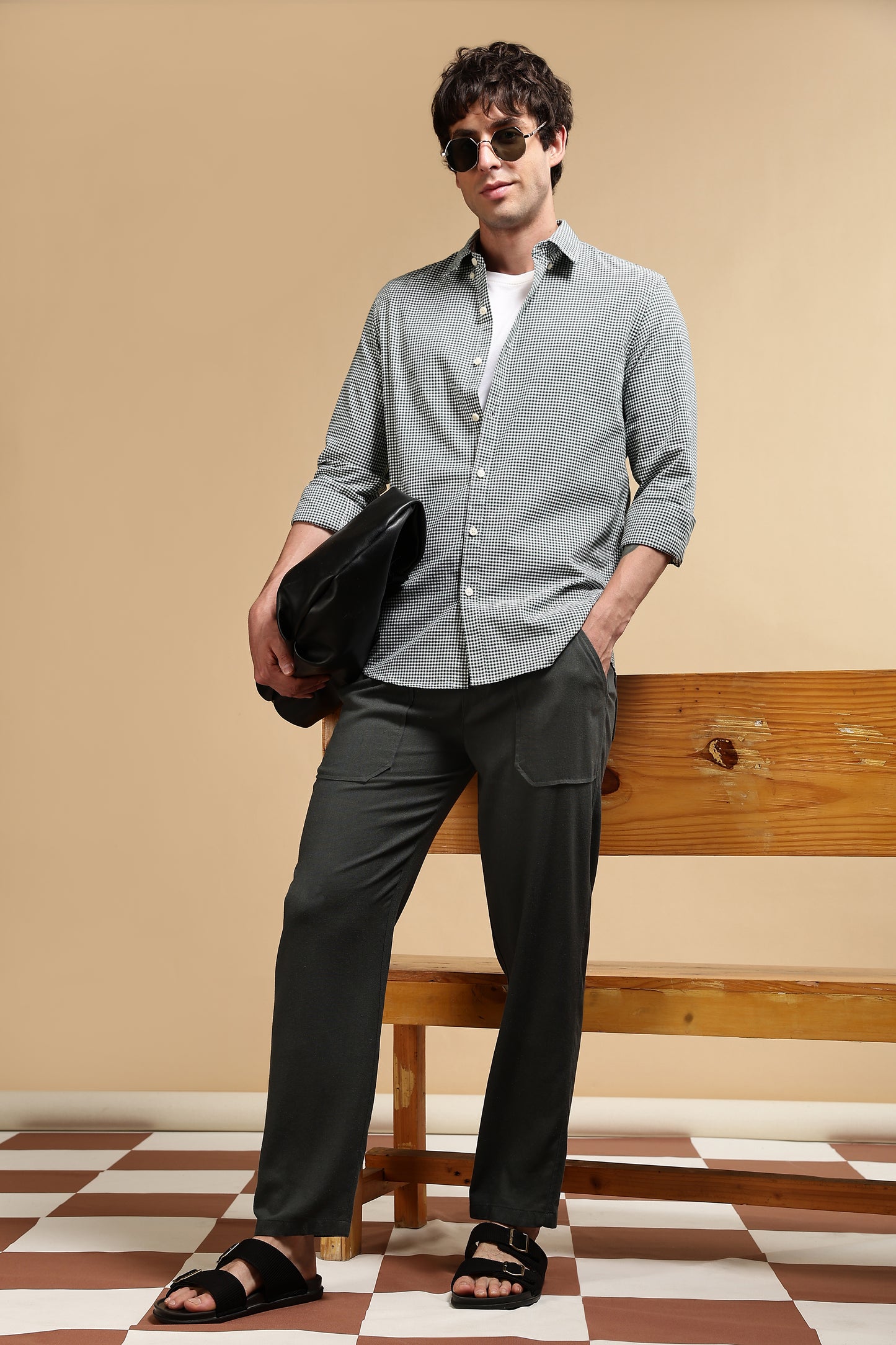 Linen Blend Loose Fit Drawcord Trousers Green