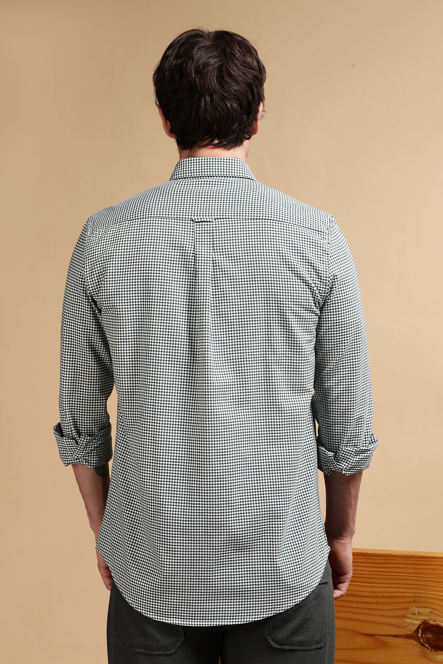 Cotton Oxford Slim Fit Mini Checks Shirt Green