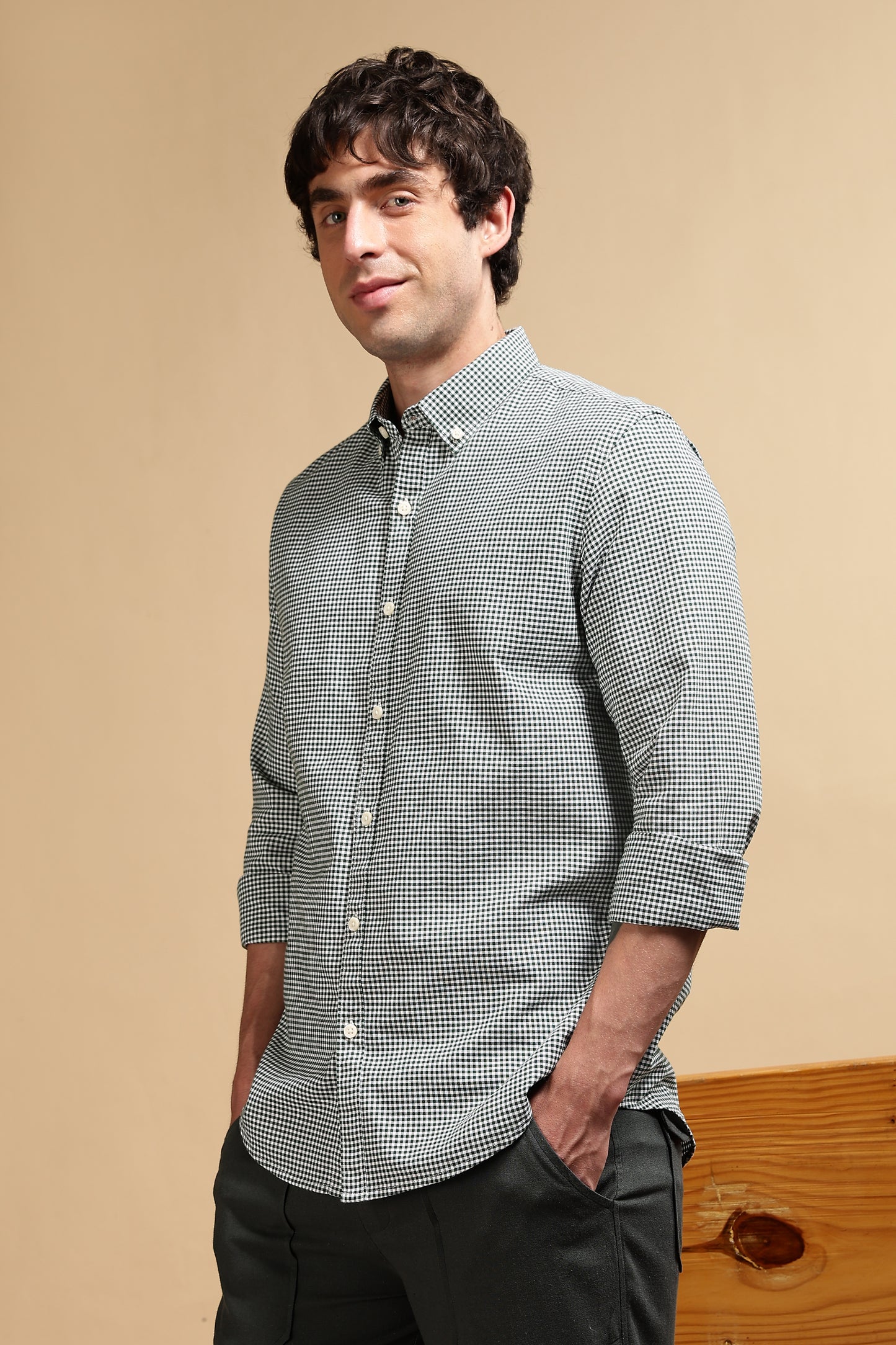 Cotton Oxford Slim Fit Mini Checks Shirt Green