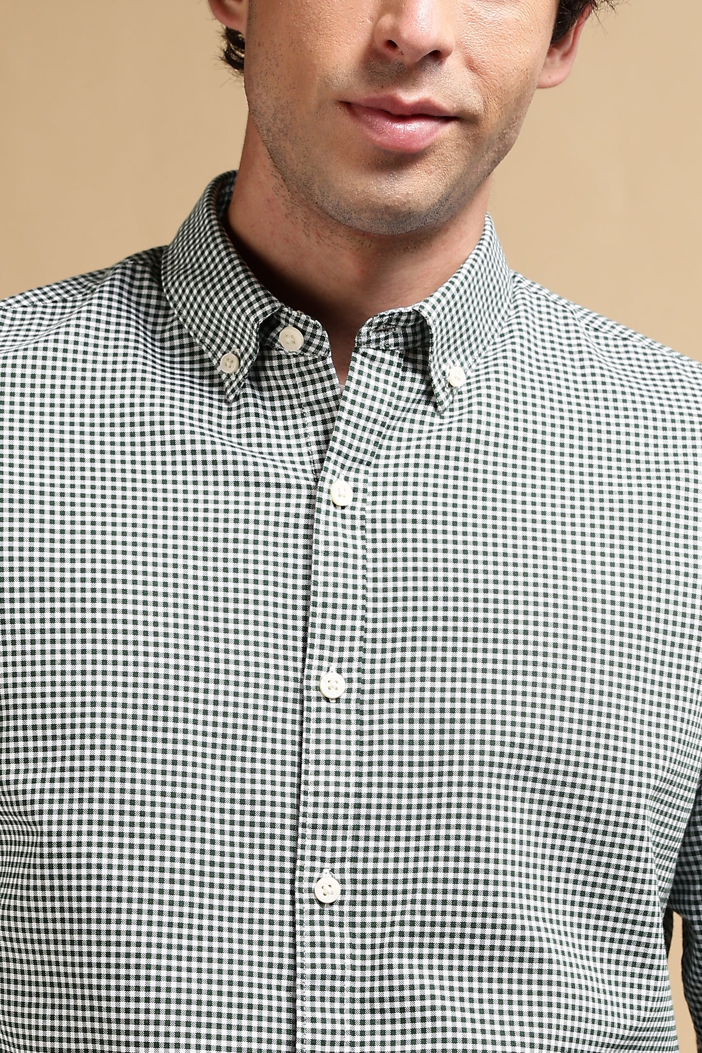 Cotton Oxford Slim Fit Mini Checks Shirt Green