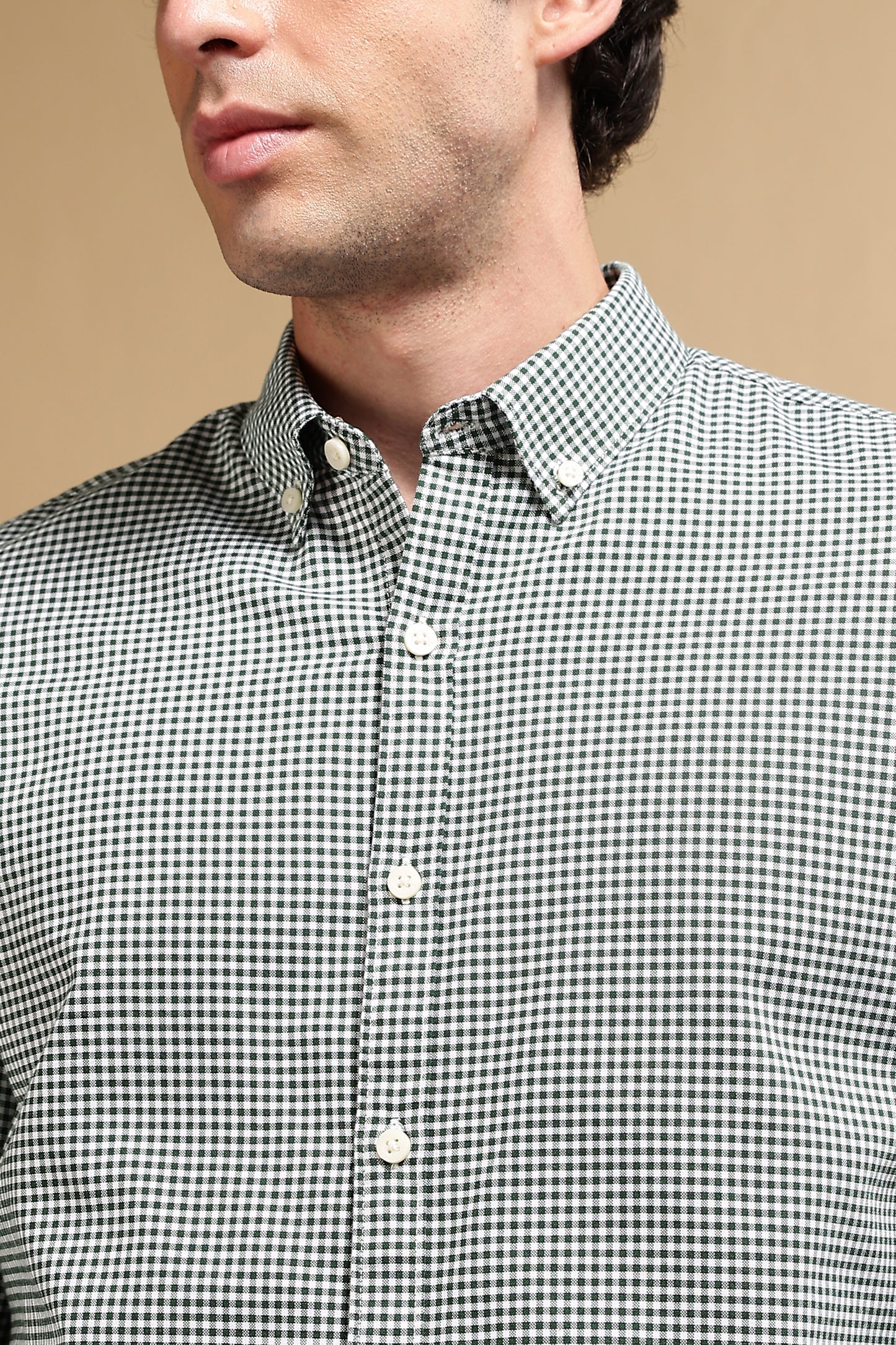 Cotton Oxford Slim Fit Mini Checks Shirt Green