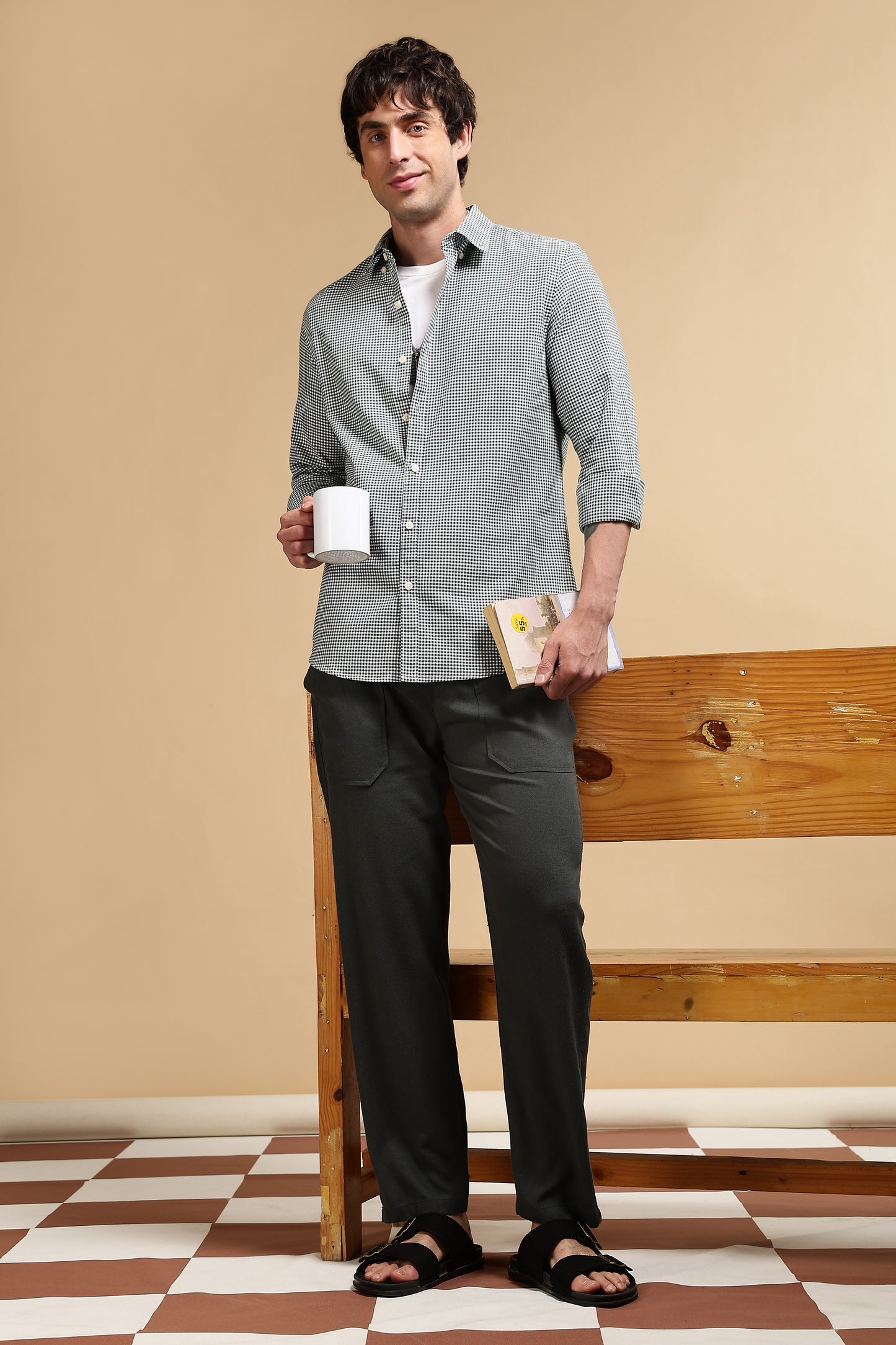 Cotton Oxford Slim Fit Mini Checks Shirt Green