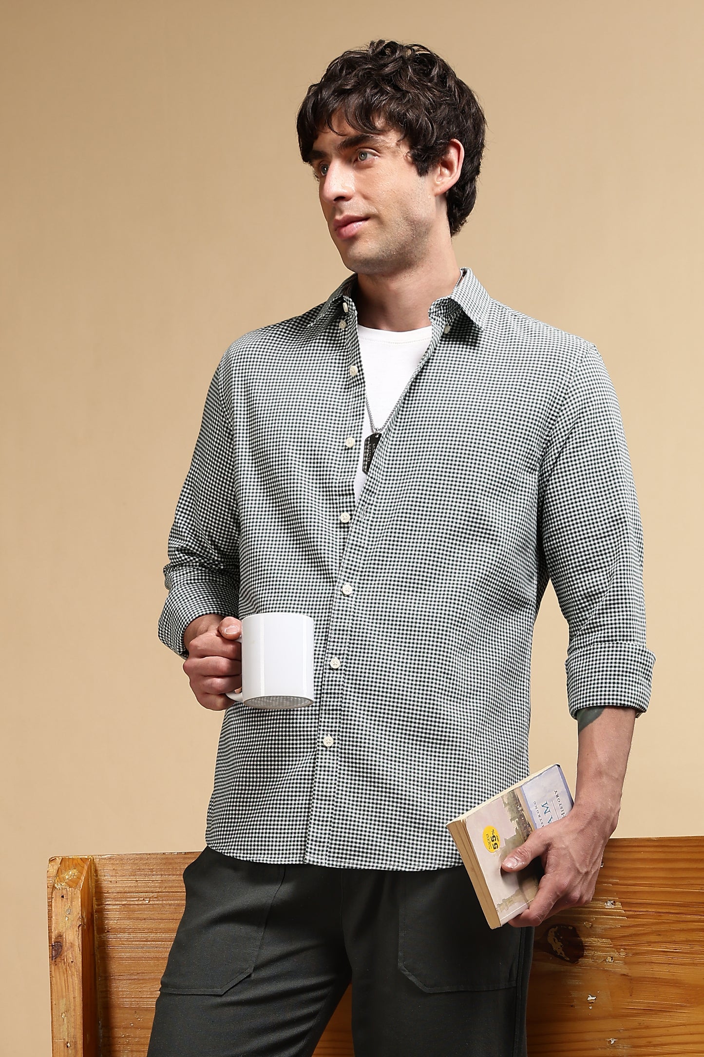 Cotton Oxford Slim Fit Mini Checks Shirt Green