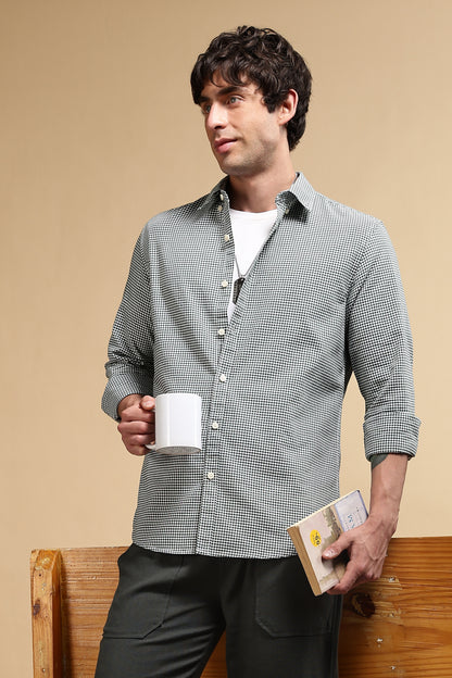 Slim Fit Mini Checks Shirt Green
