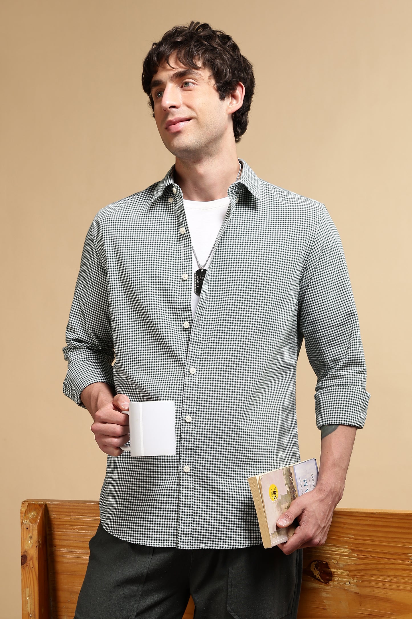 Cotton Oxford Slim Fit Mini Checks Shirt Green