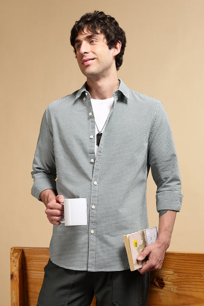 Slim Fit Mini Checks Shirt Green