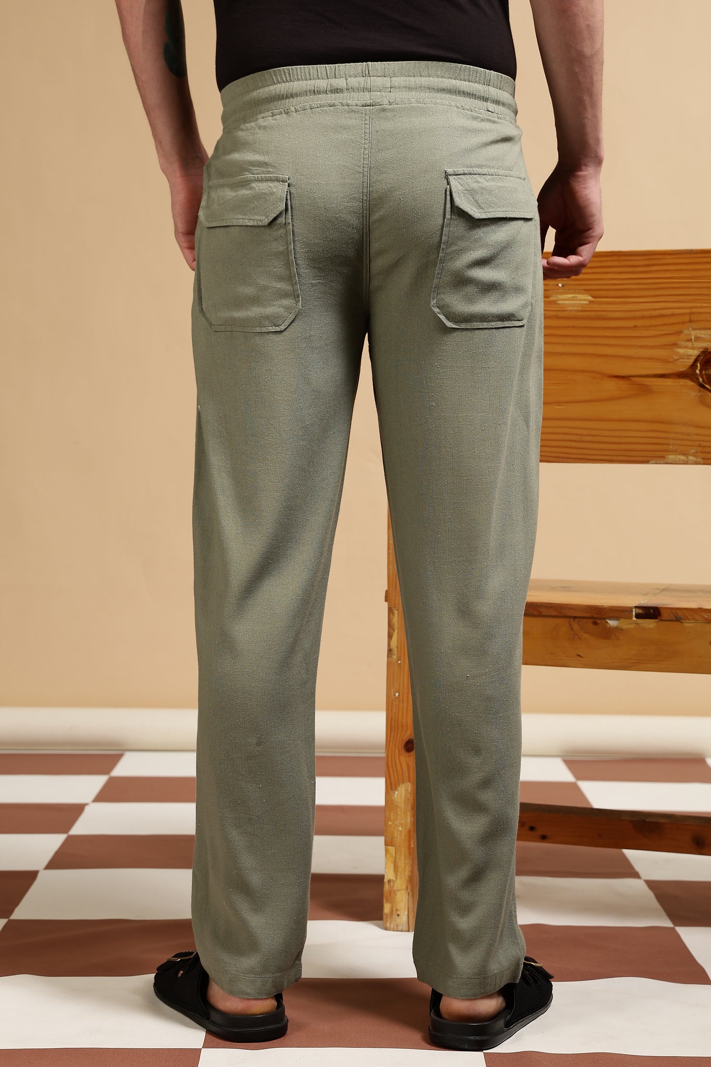 Linen Blend Loose Fit Drawcord Trousers Olive