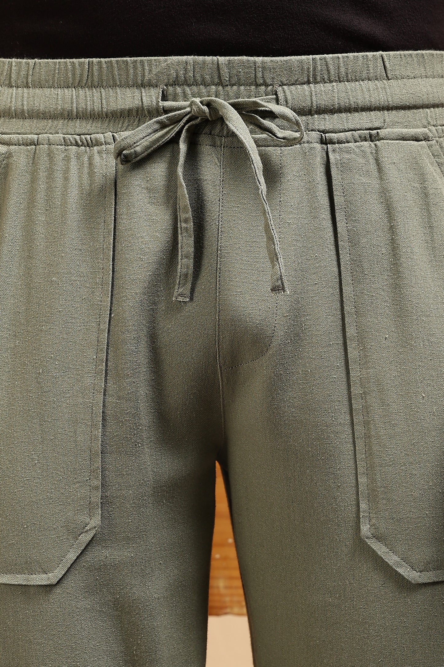 Linen Blend Loose Fit Drawcord Trousers Olive