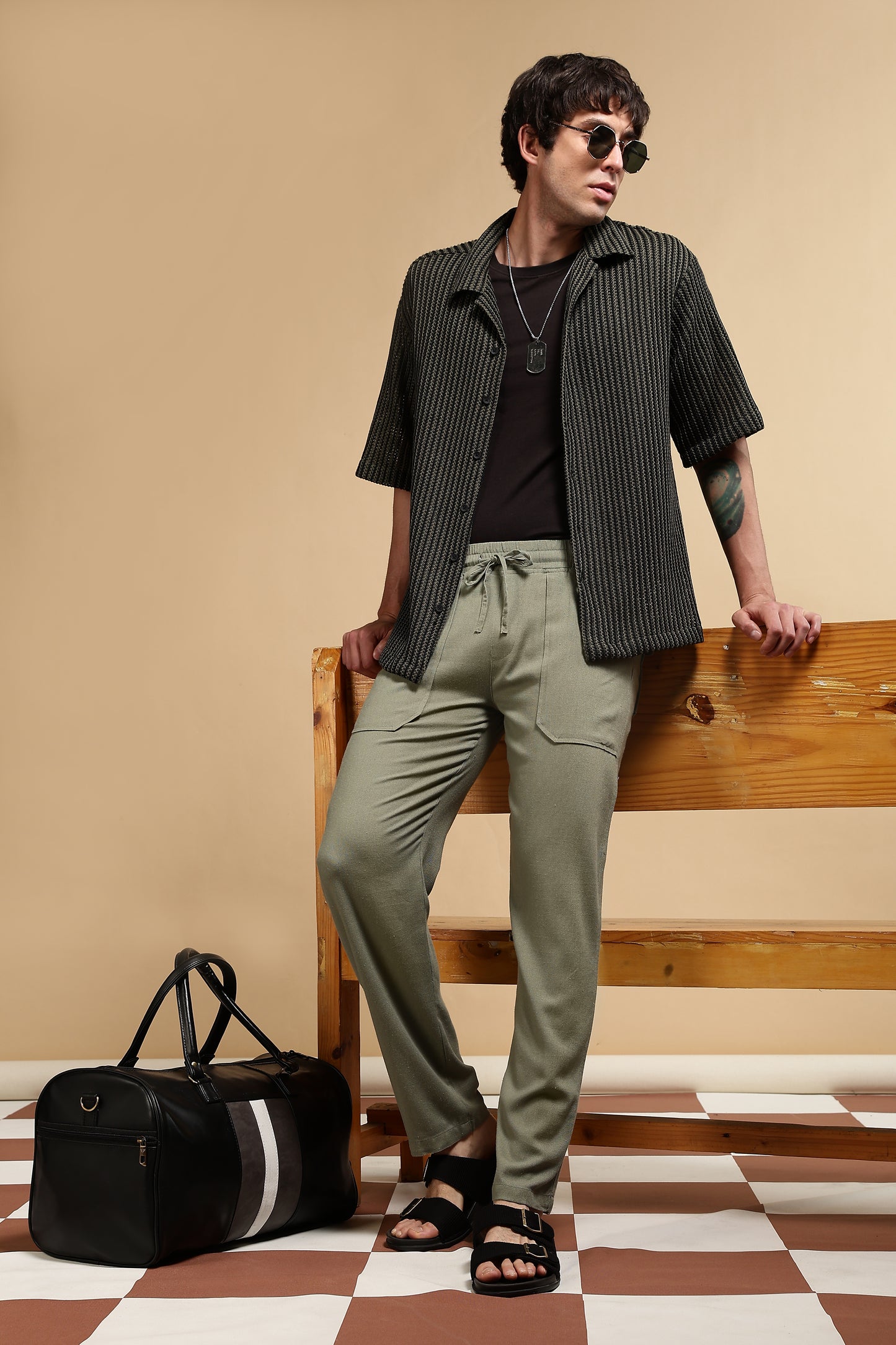 Linen Blend Loose Fit Drawcord Trousers Olive