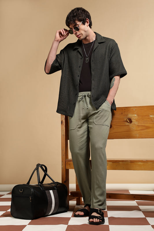 Linen Blend Loose Fit Drawcord Trousers Olive