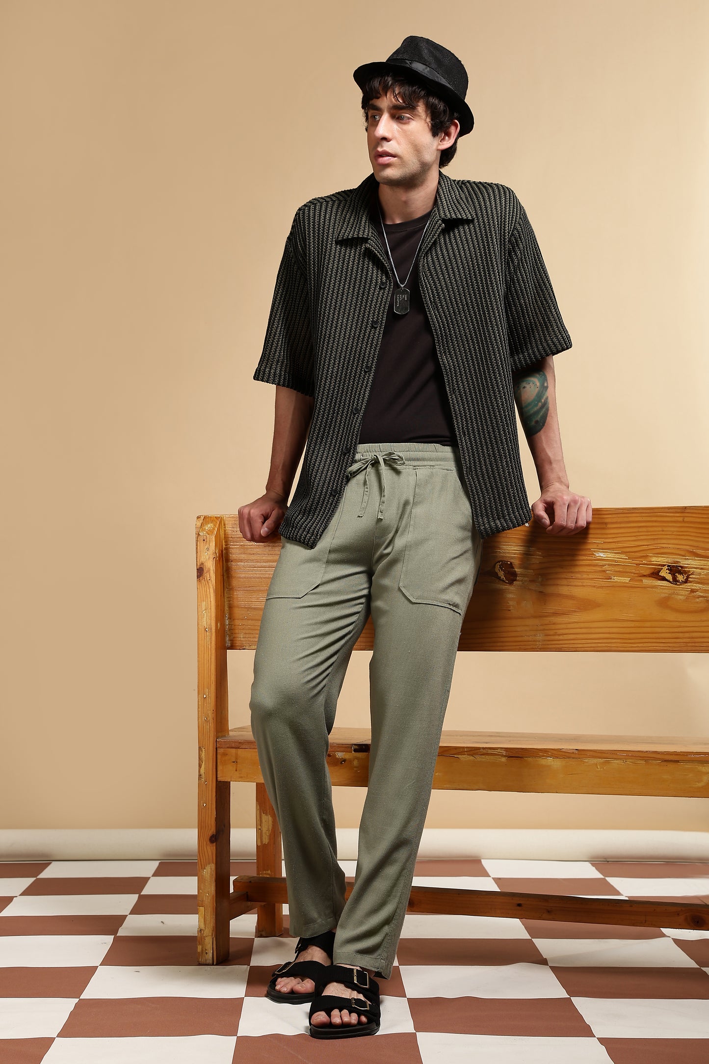 Polyester Relaxed Fit Self-Designed Shirt Green