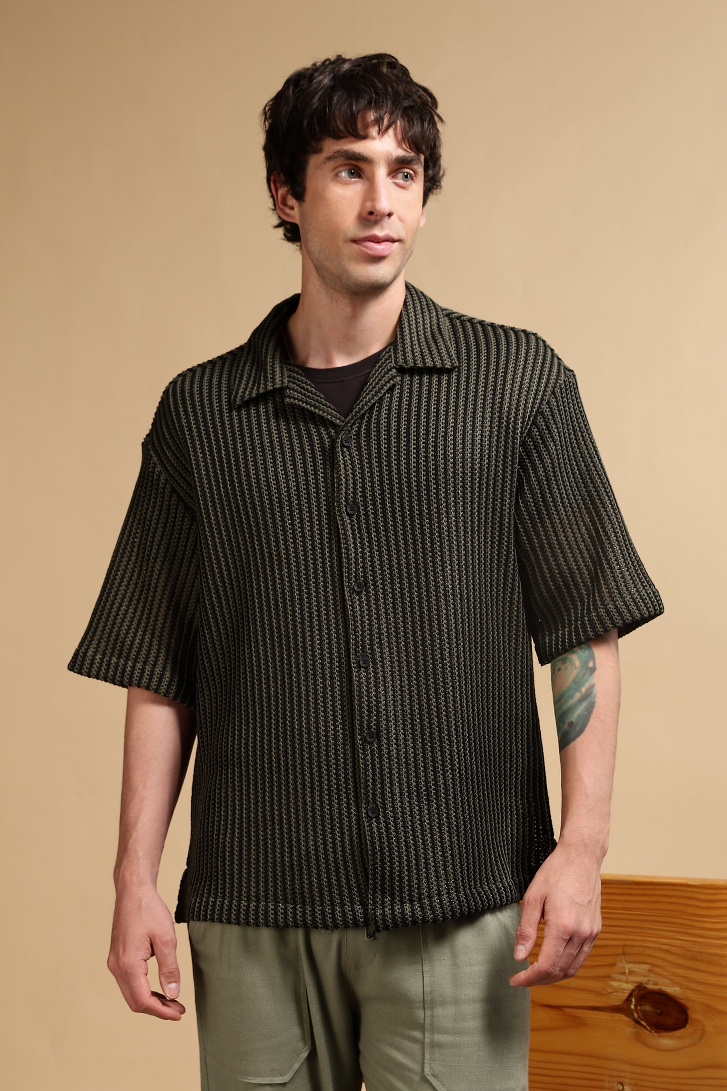 Polyester Relaxed Fit Self-Designed Shirt Green