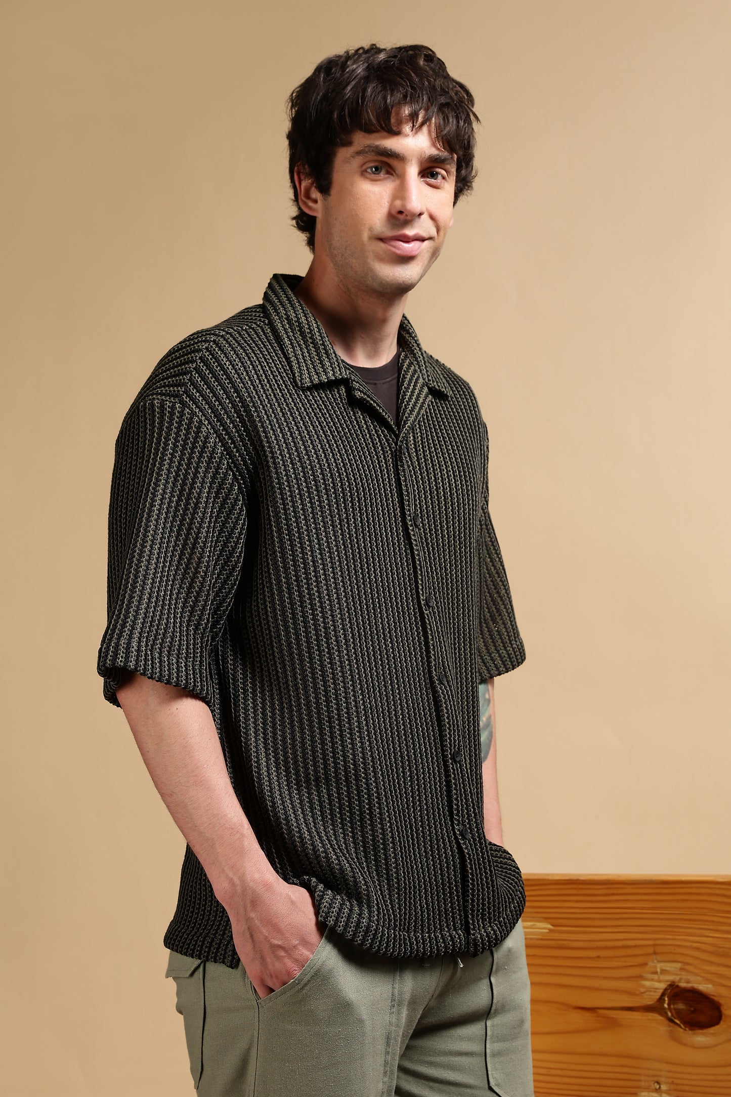 Polyester Relaxed Fit Self-Designed Shirt Green