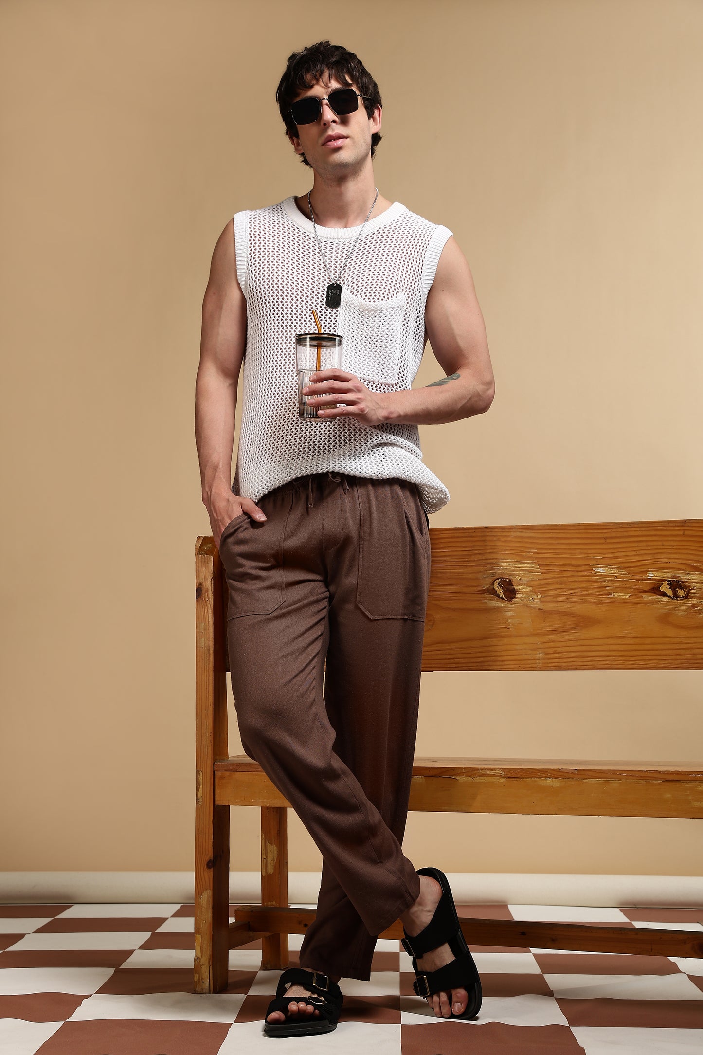 Linen Blend Loose Fit Drawcord Trousers Brown
