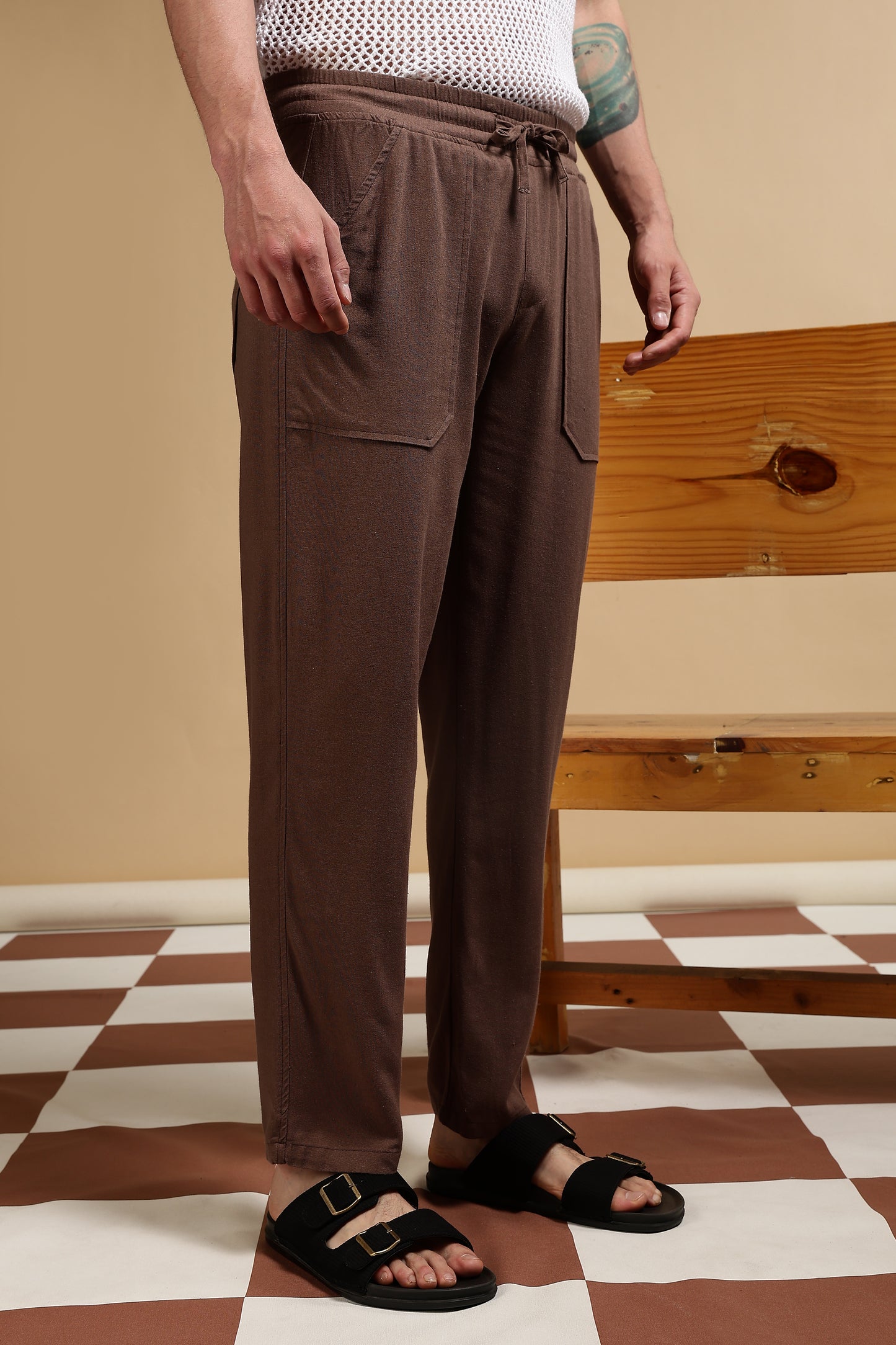 Linen Blend Loose Fit Drawcord Trousers Brown