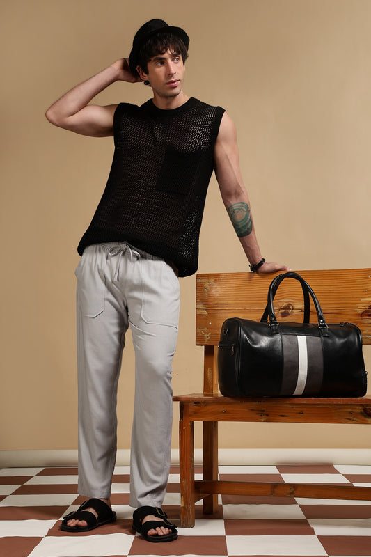 Linen Blend Loose Fit Drawcord Trousers Grey