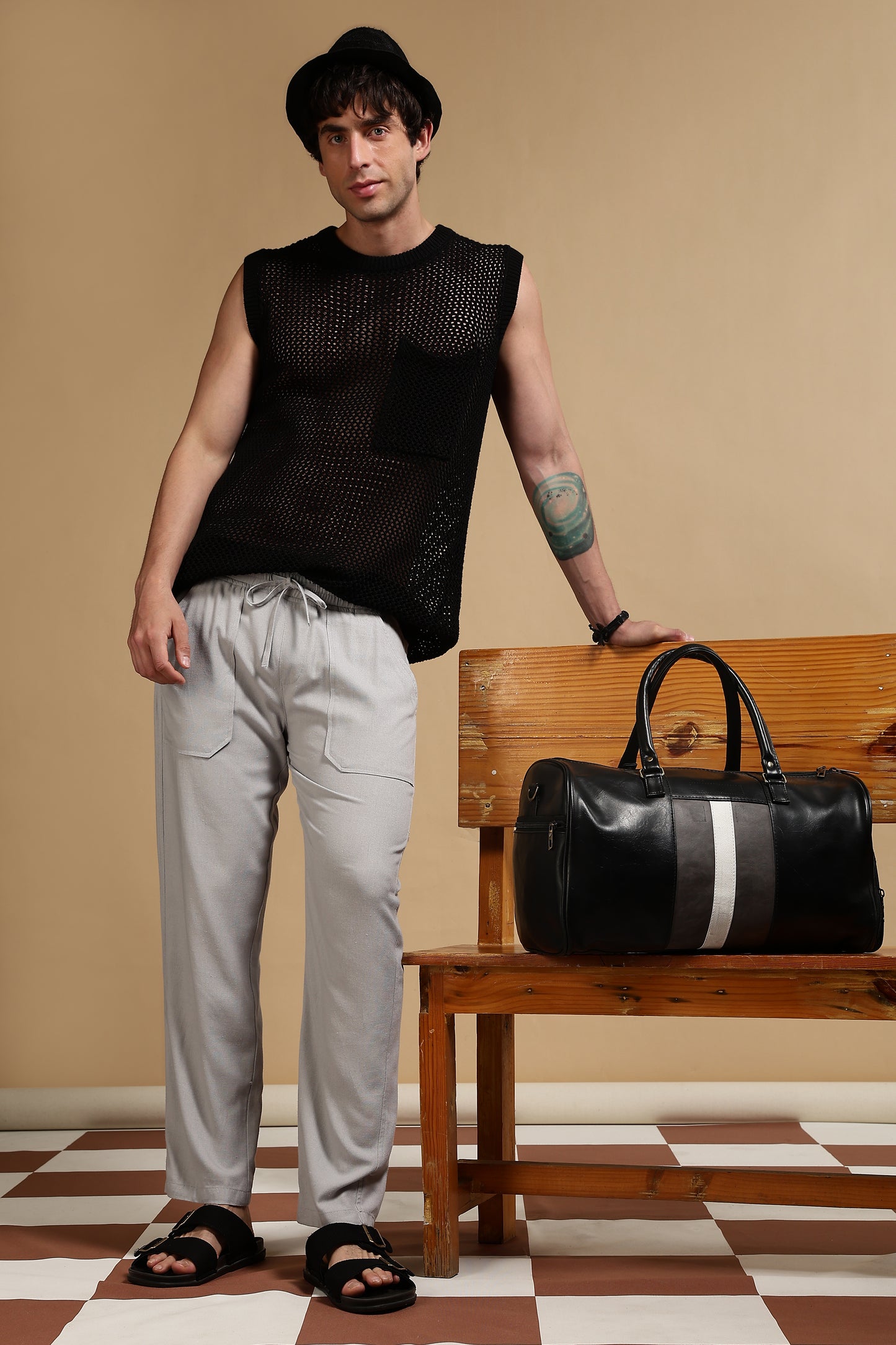 Linen Blend Loose Fit Drawcord Trousers Grey