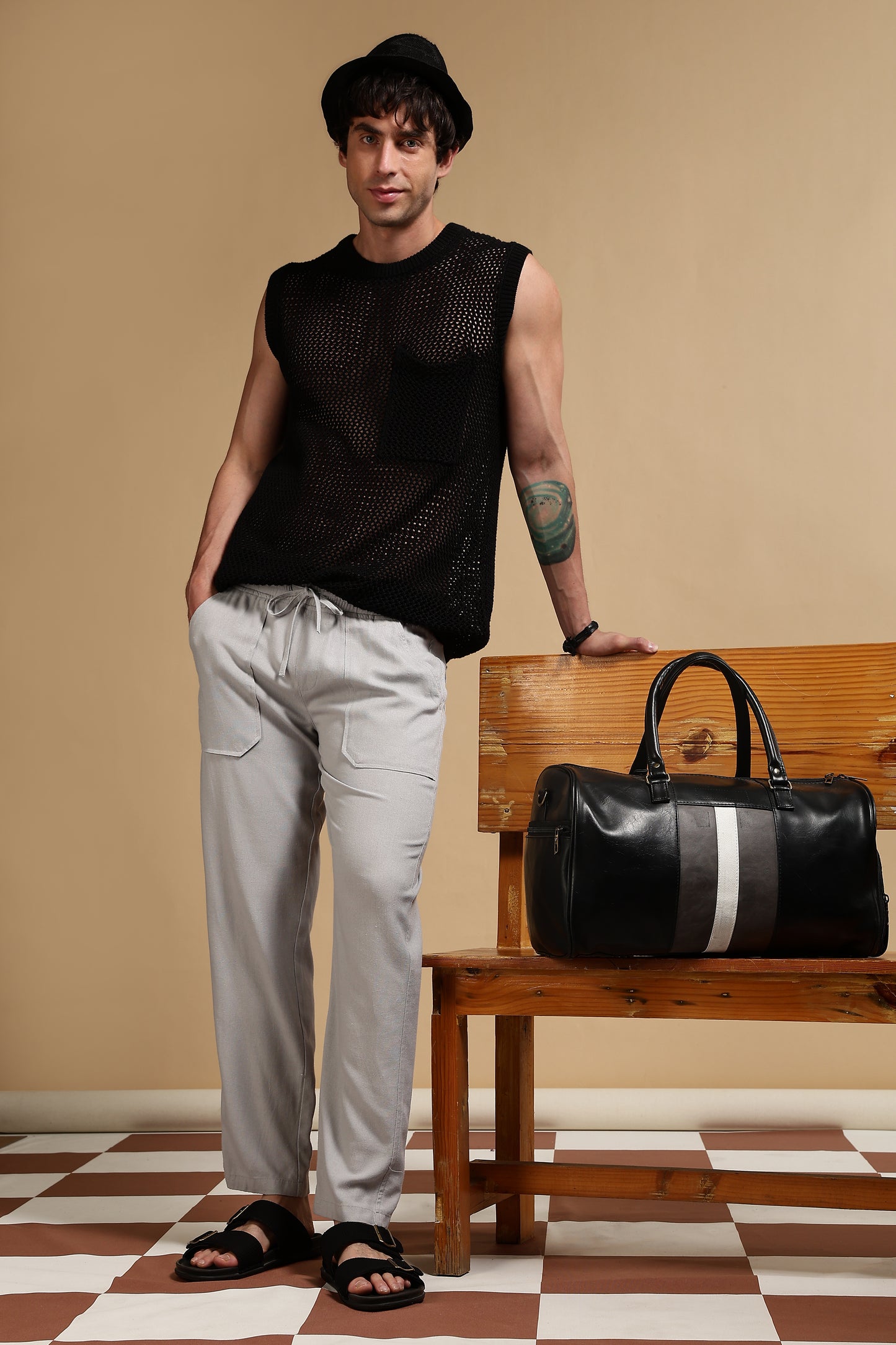 Linen Blend Loose Fit Drawcord Trousers Grey