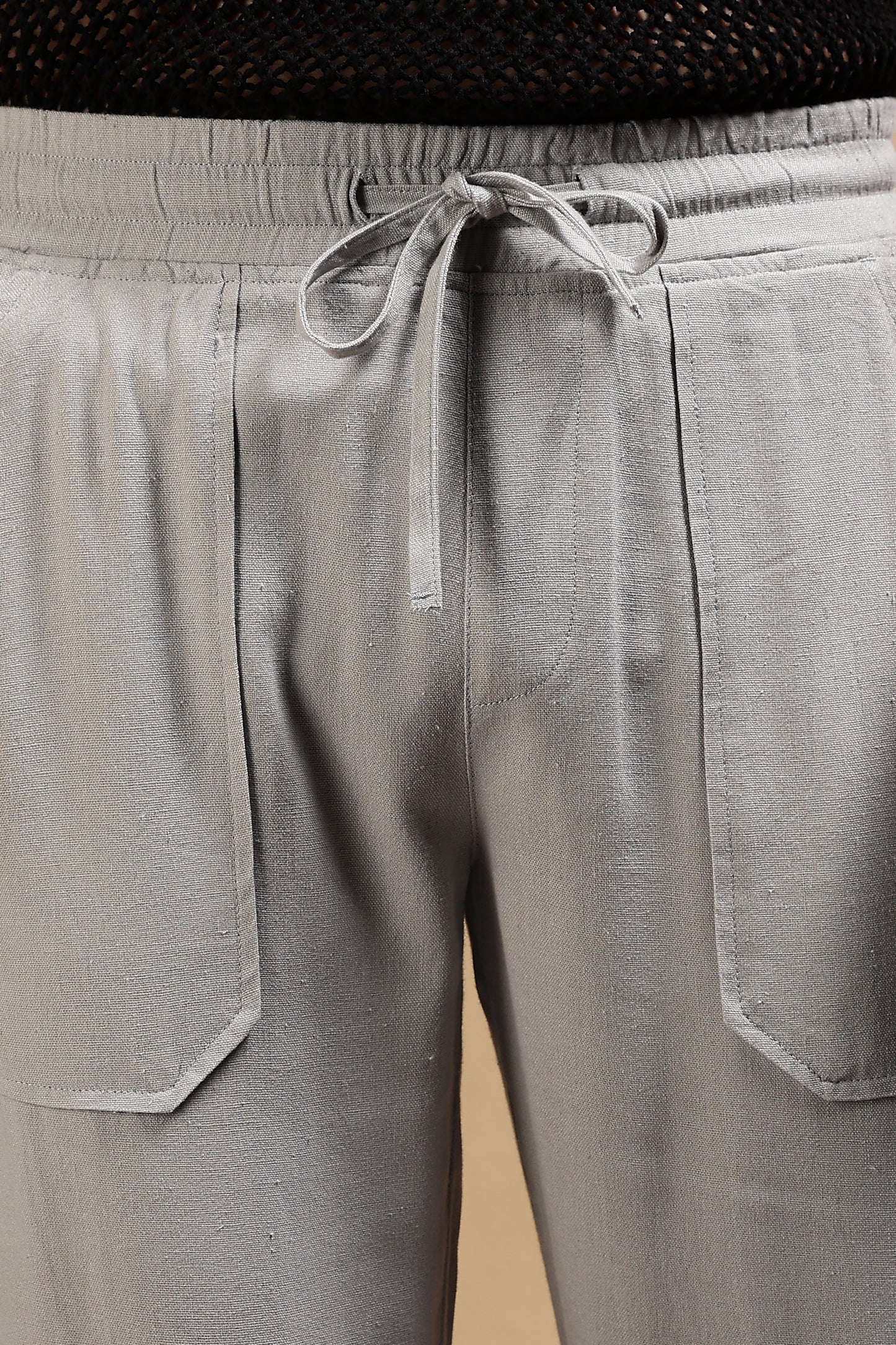 Linen Blend Loose Fit Drawcord Trousers Grey