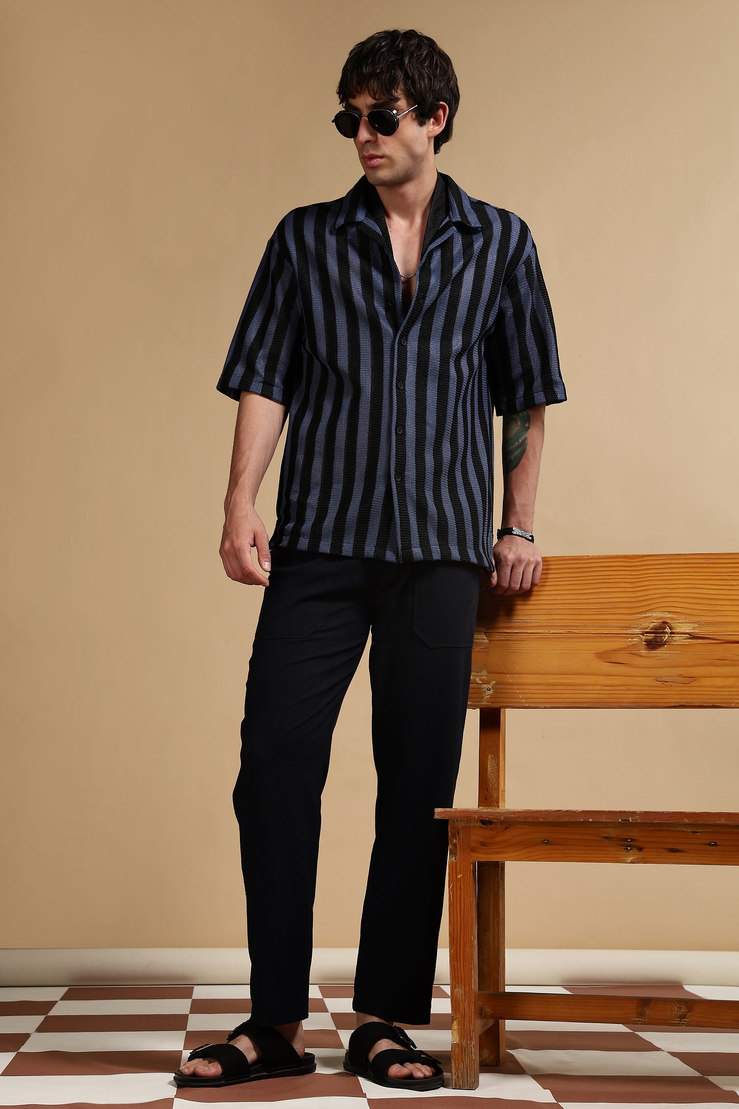 Linen Blend Loose Fit Drawcord Trousers Navy