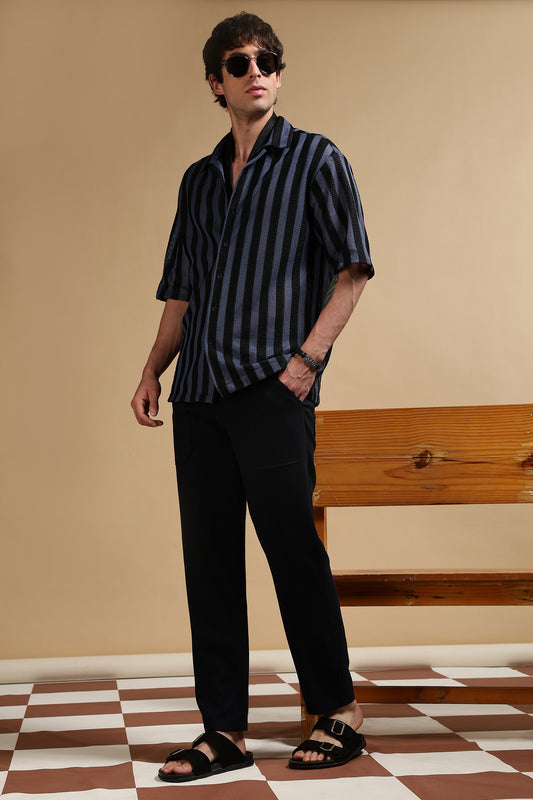 Linen Blend Loose Fit Drawcord Trousers Navy