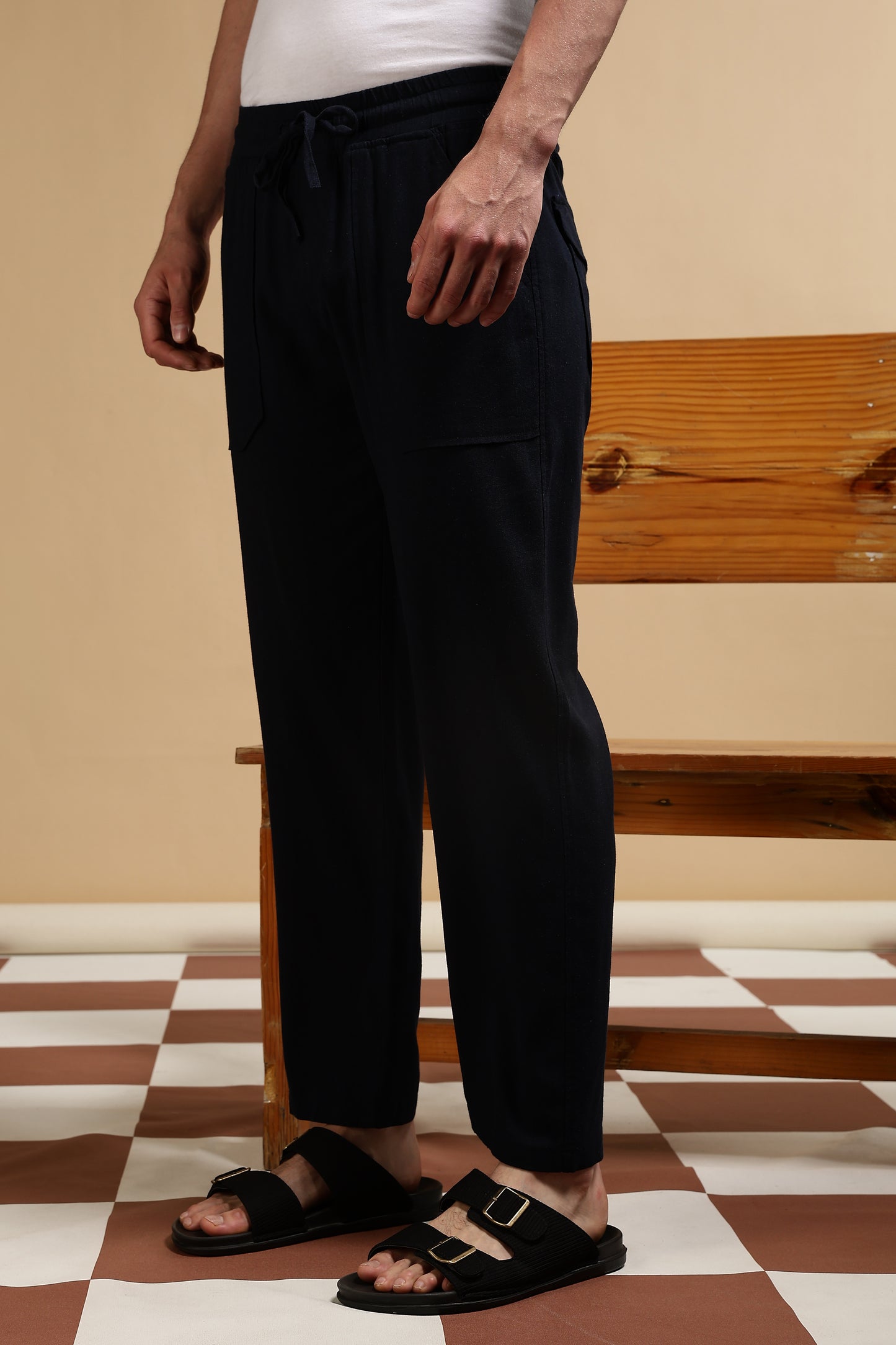 Linen Blend Loose Fit Drawcord Trousers Navy